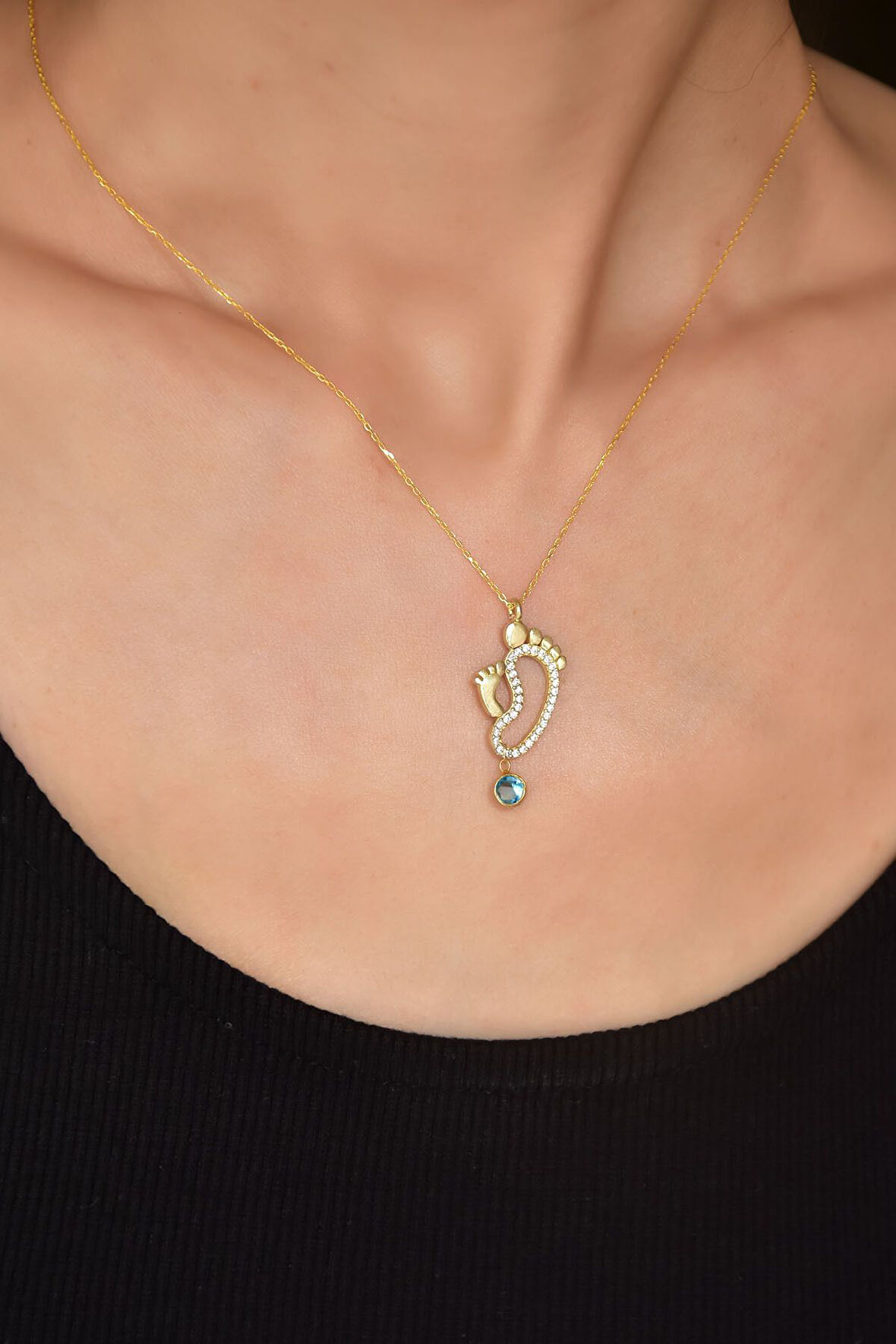 925 Ayar Gümüş Gold Kaplama Doğum Taşlı Anne Bebek Ayak İzi Kolye