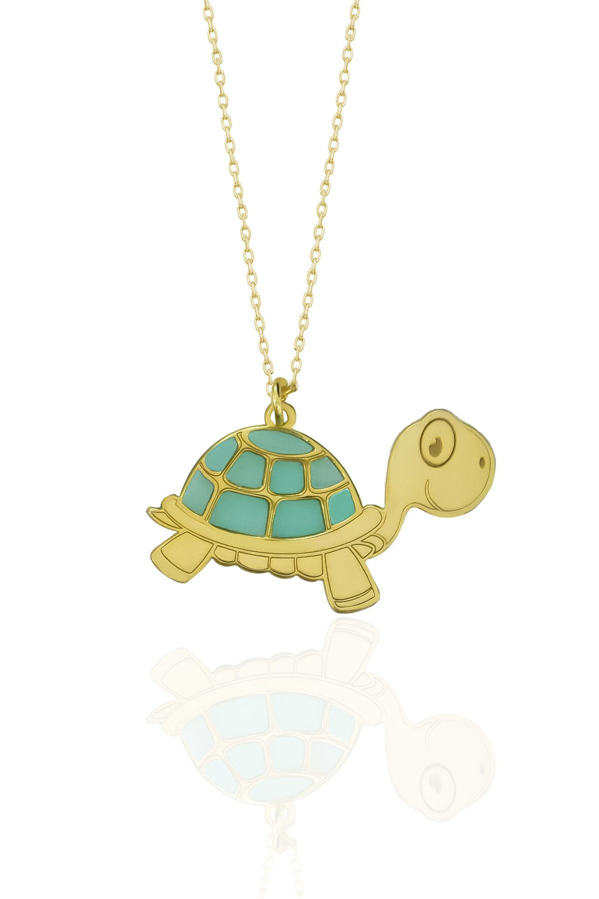 925 Ayar Gümüş Gold Kaplama Parlayan Rüya Serisi Tasarım Ebruli Cam Boyalı Kaplumbağa Kolye