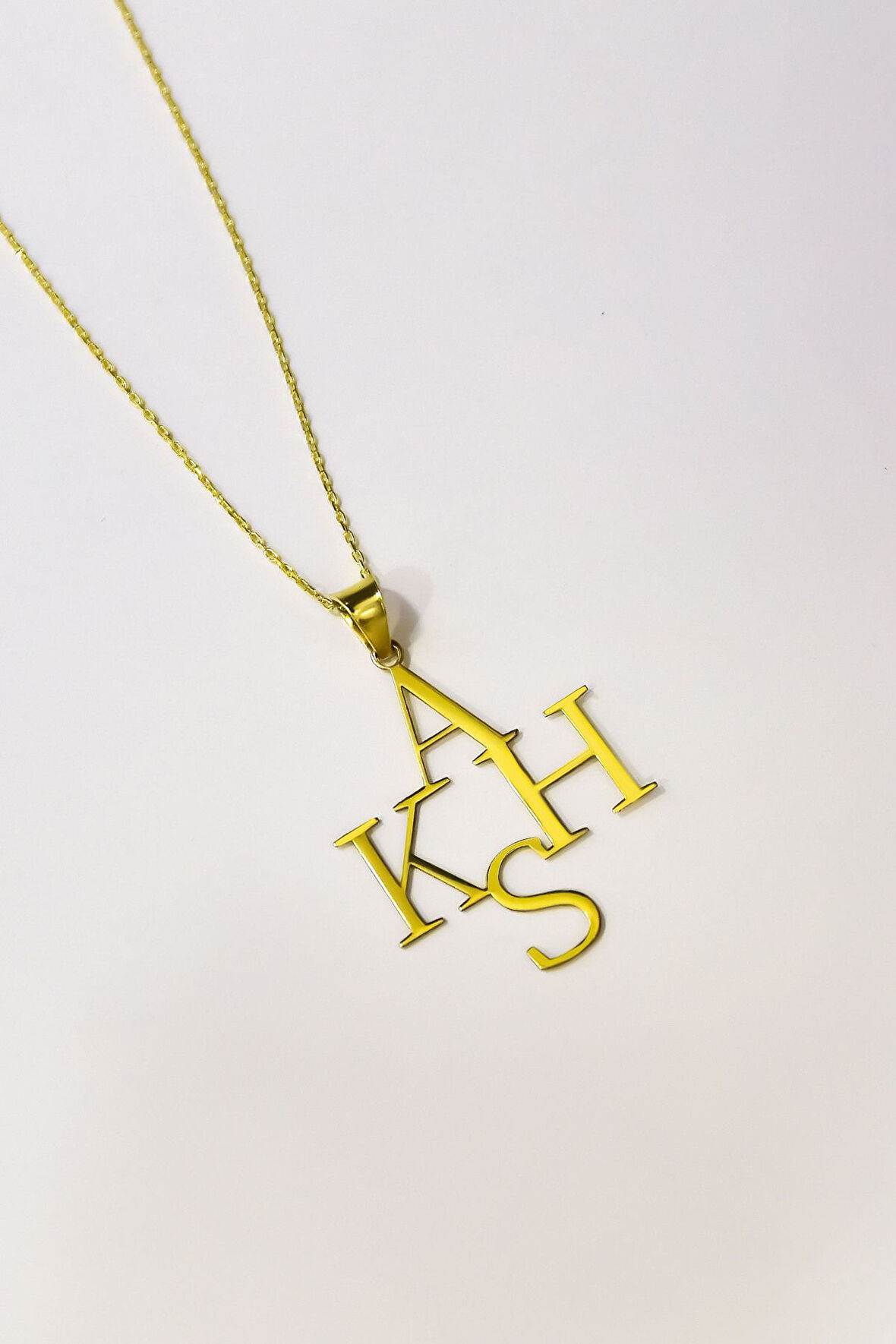 925 Ayar Gümüş Gold Kaplama Çoklu, Dört Harf Plaka Kolye