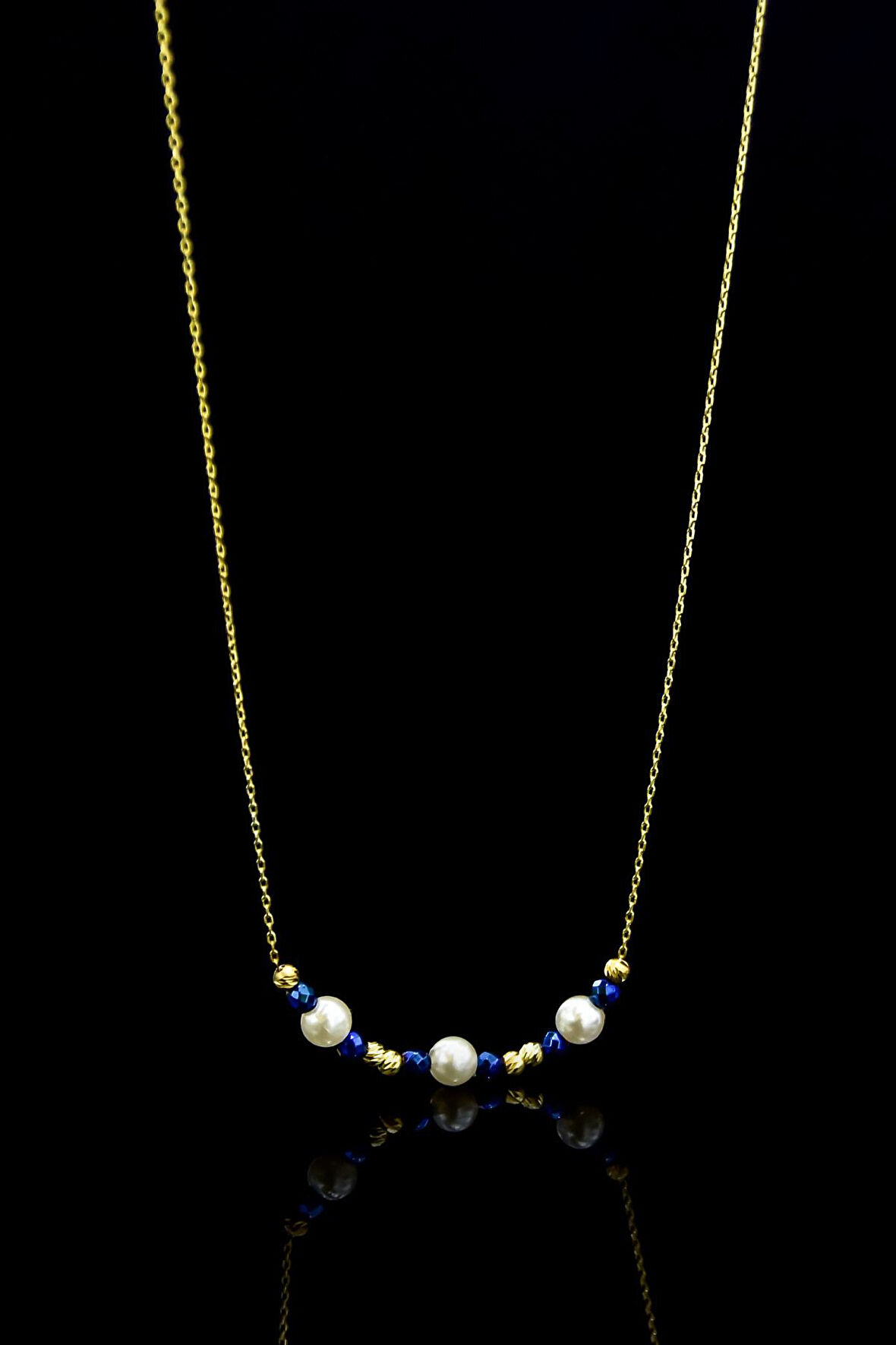 925 Ayar Gümüş Gold Kaplama Üç Inci , Lacivert Kare Boncuklu Kolye