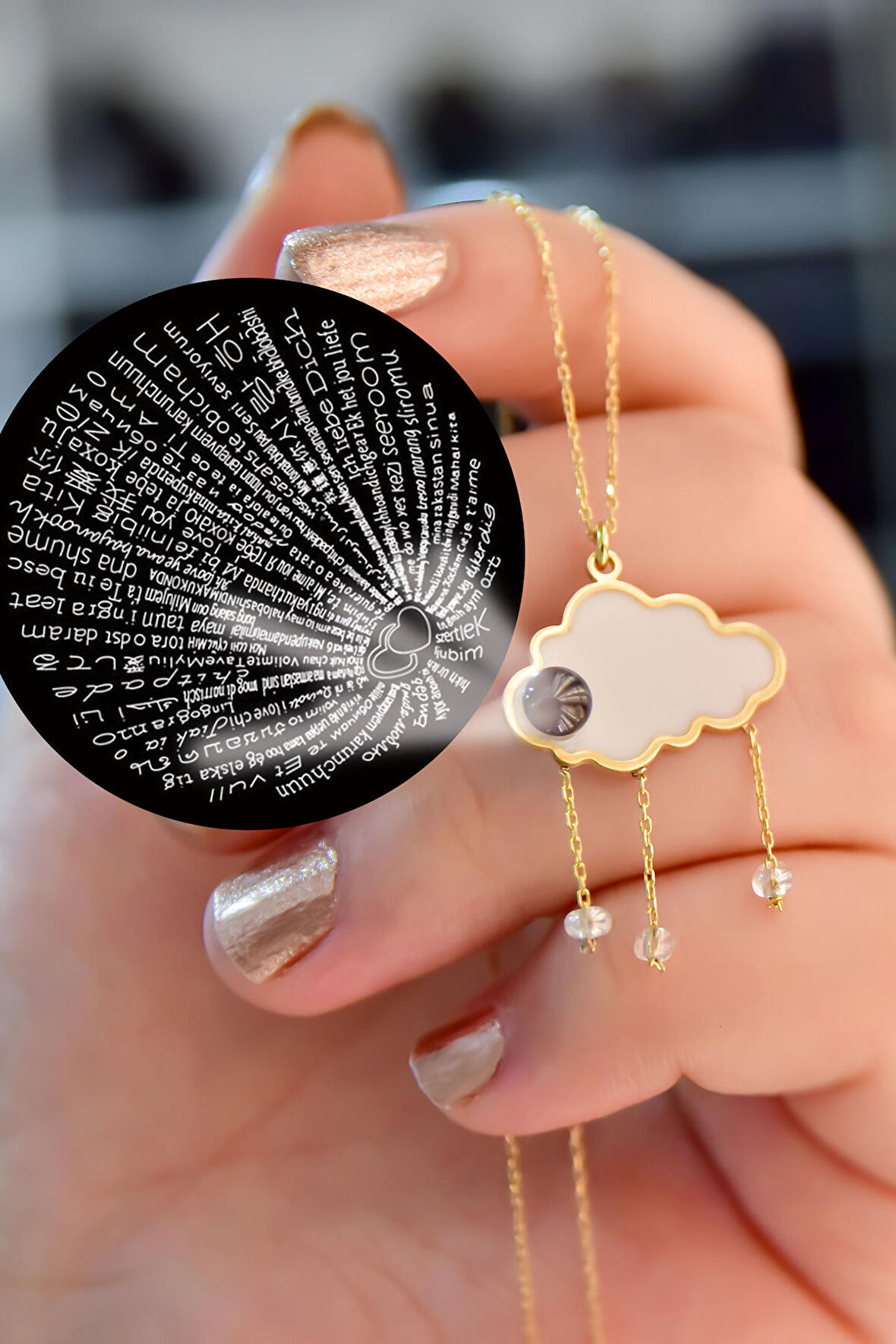 925 Ayar Gümüş Gold Kaplama 100 Dilde Seni Seviyorum Yazılı Beyaz Mineli Bulut Kolye