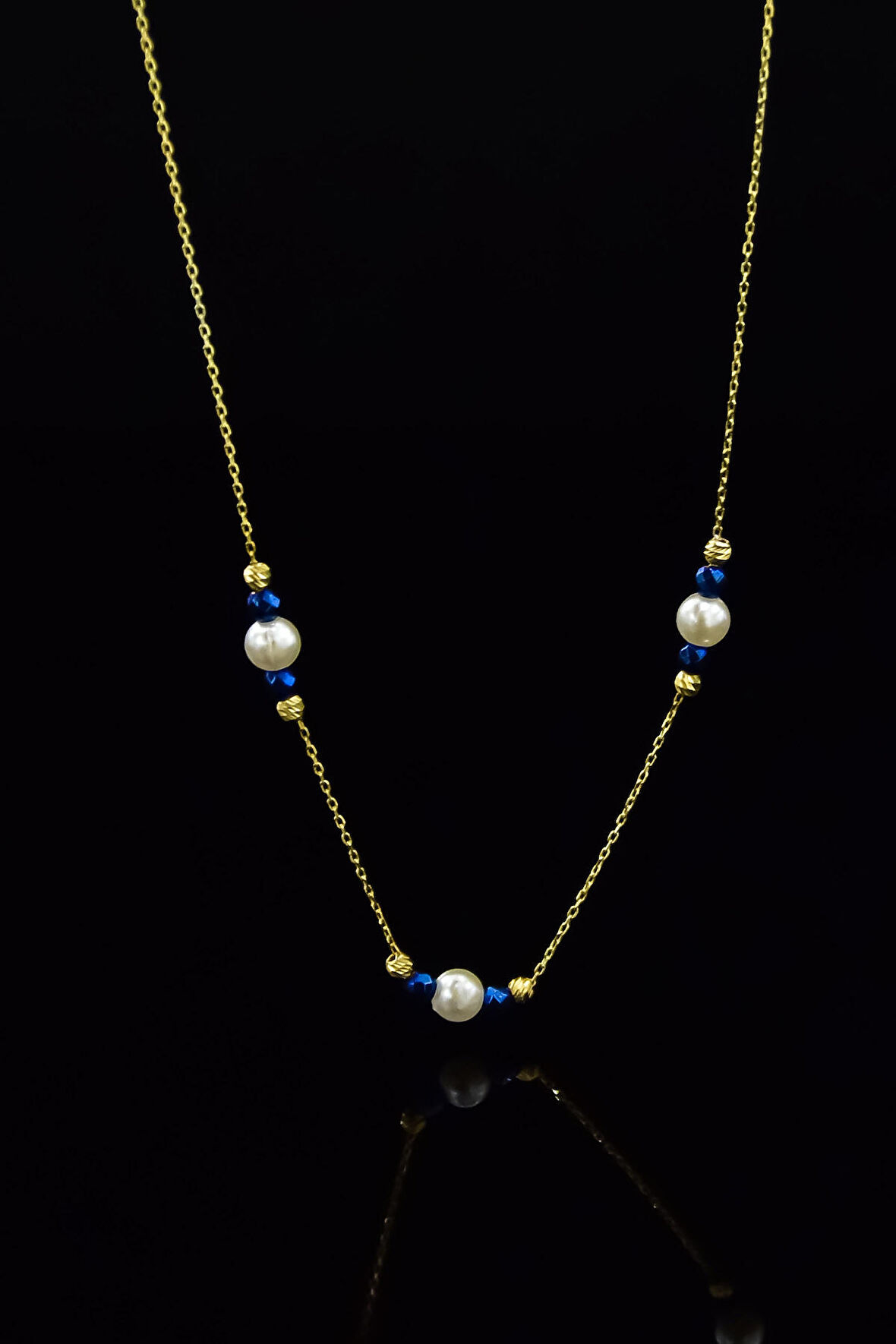 925 Ayar Gümüş Gold Kaplama Lacivert Boncuklu Dorika Toplu , Incili Kolye