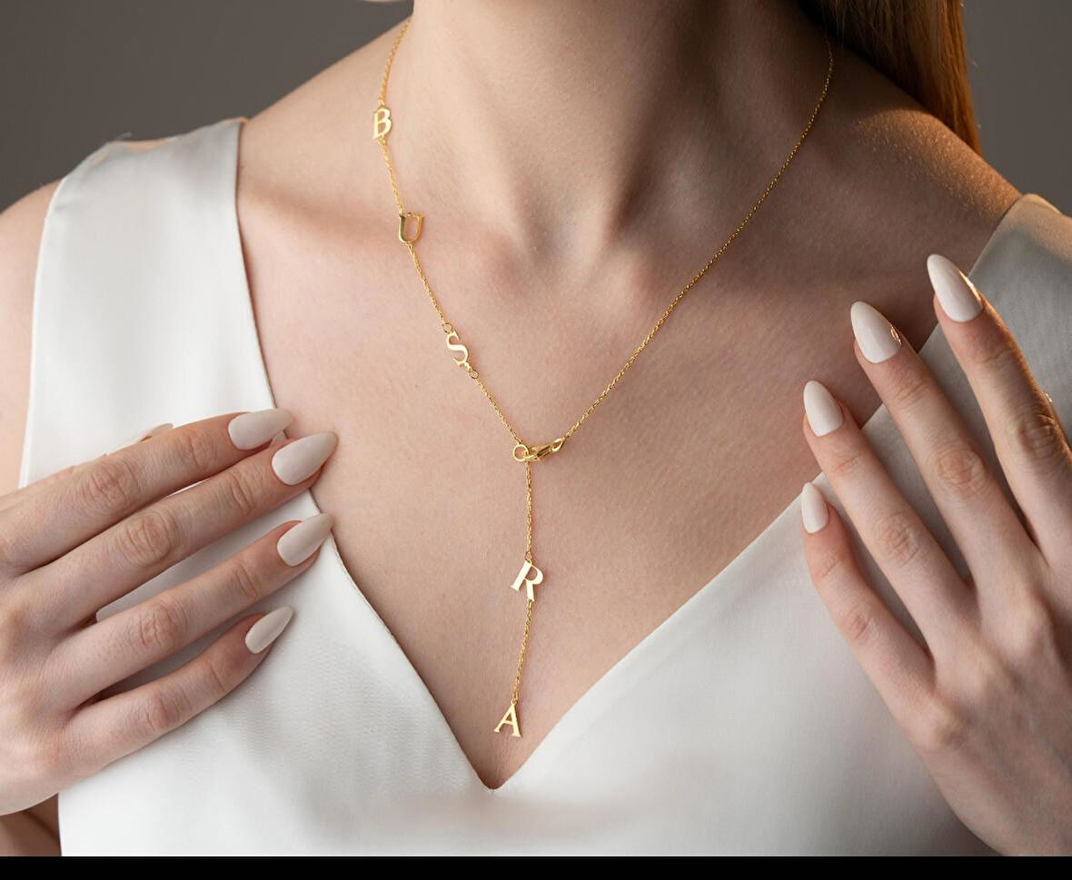 925 Ayar Gümüş Gold Renkli Kişiye Özel Tasarım İsim Kolye