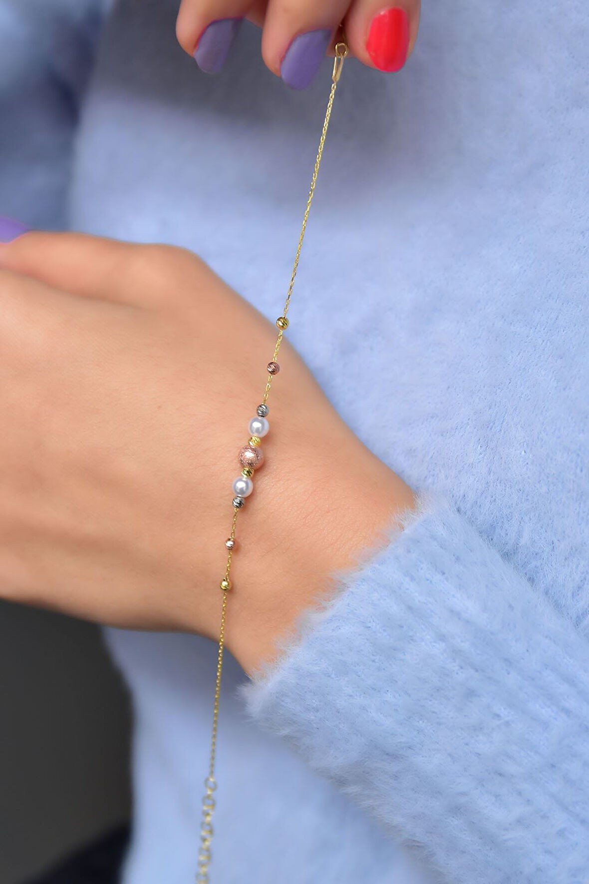 925 Ayar Gümüş Altın Kaplama Sim Dorika Toplu Inci Kadın Bileklik Uvpts200004