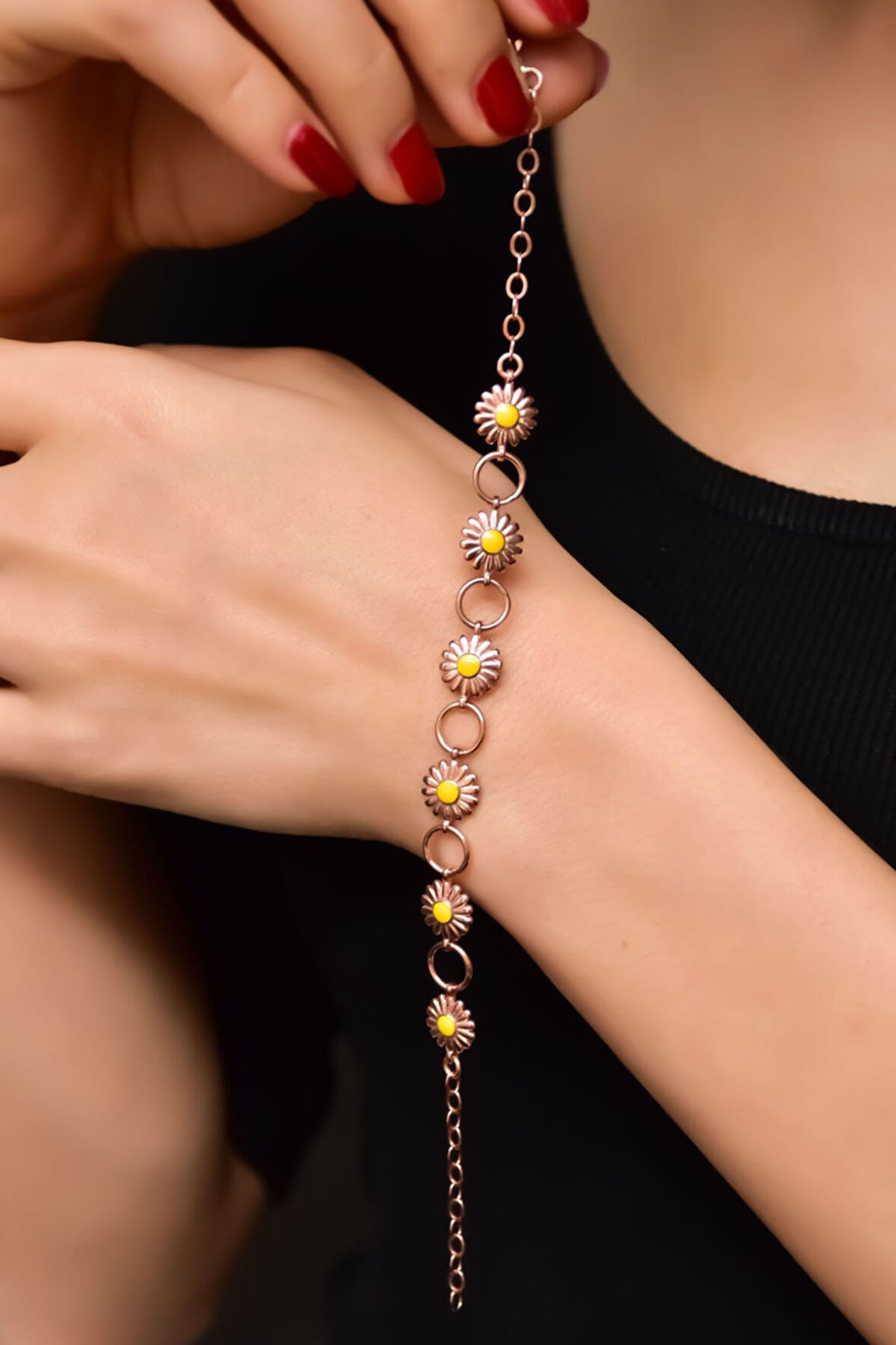 925 Ayar Gümüş Rose Kaplama Halka Mineli Papatya Bileklik