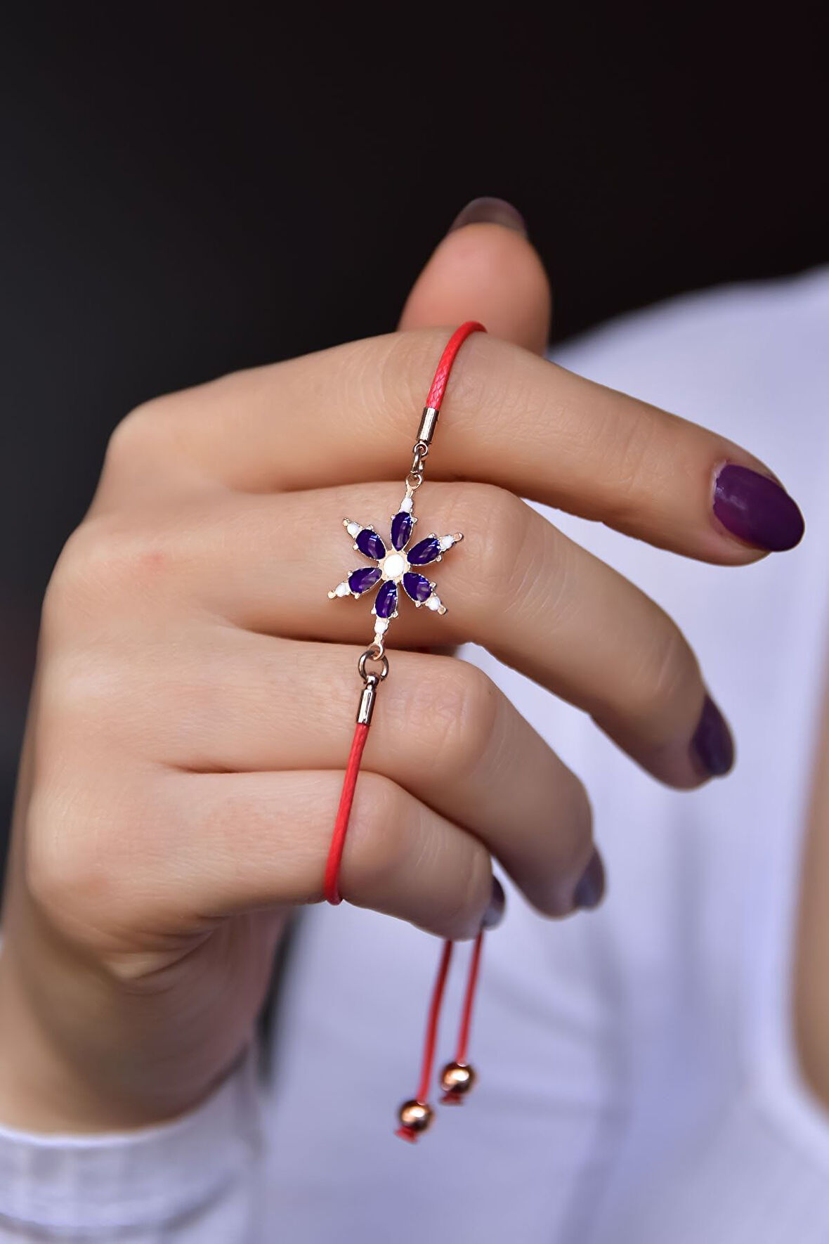 925 Ayar Gümüş Rose Kaplama Mor Sedef Mineli Kırmızı Ipli Asansörlü Bileklik