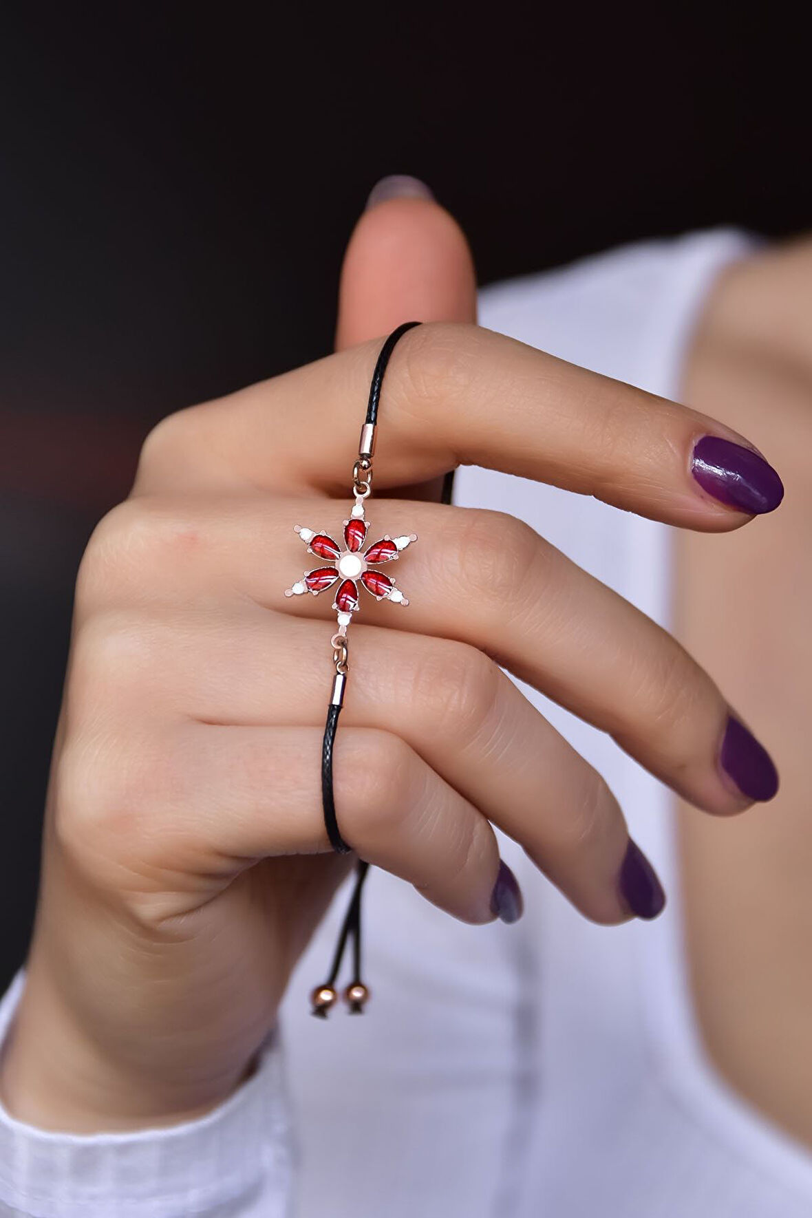 925 Ayar Gümüş Rose Kaplama Kırmızı Sedef Mineli Siyah Ipli Asansörlü Bileklik