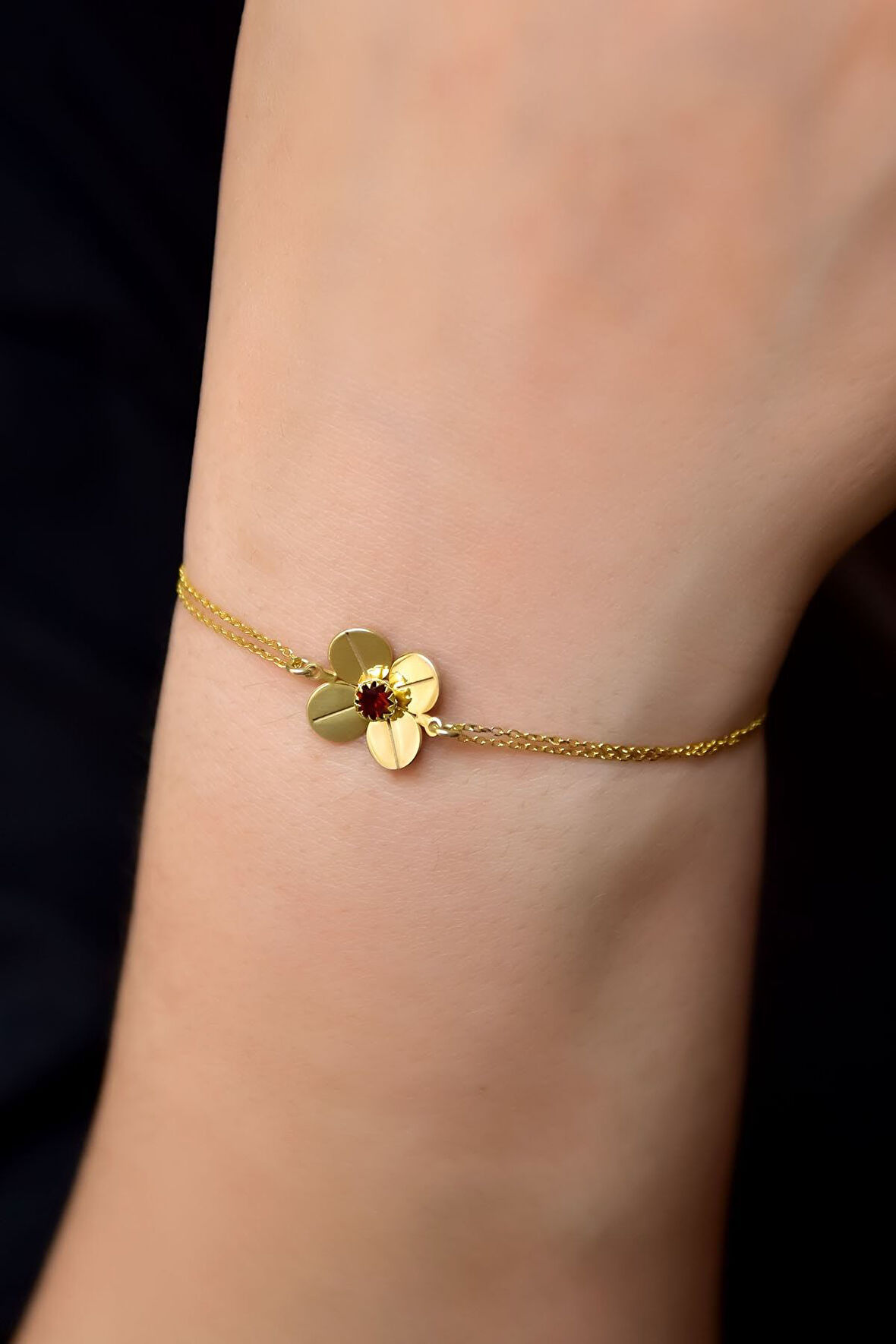 925 Ayar Gümüş Gold Kaplama Ocak Ayı Doğum Taşlı Şans Dört Yapraklı Yonca Bileklik