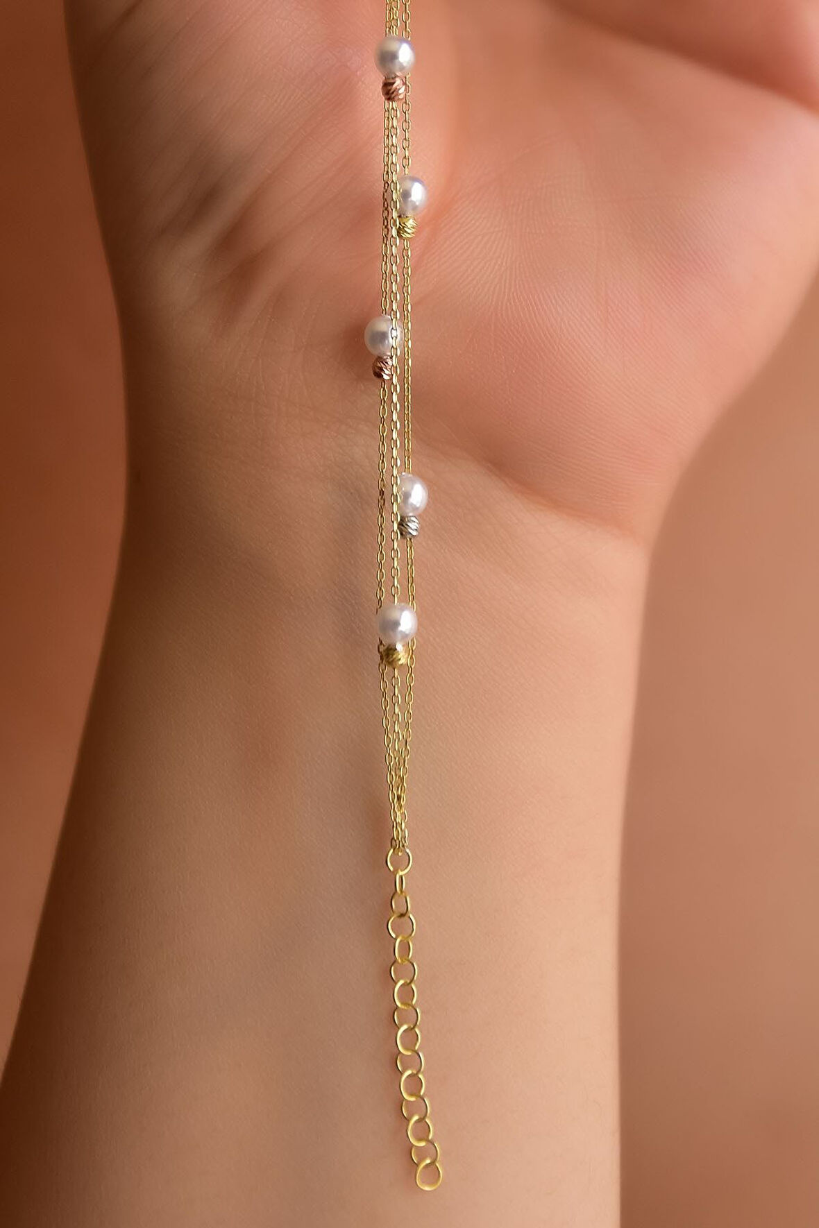 925 Ayar Gümüş Gold Kaplama Strest Atma Inci Toplu Sıralı Üç Renk Dorika Bileklik