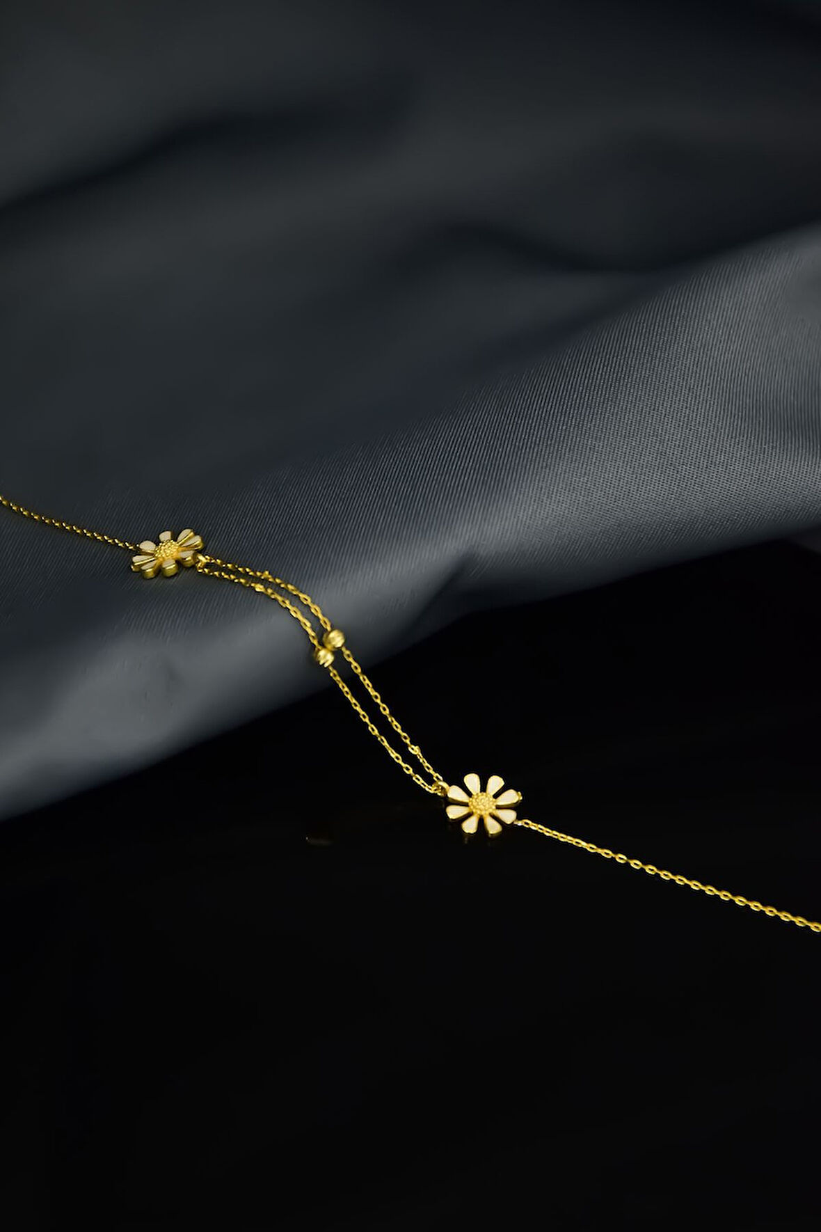 925 Ayar Gümüş Gold Kaplama Dorika Toplu, Mineli Papatya Bileklik