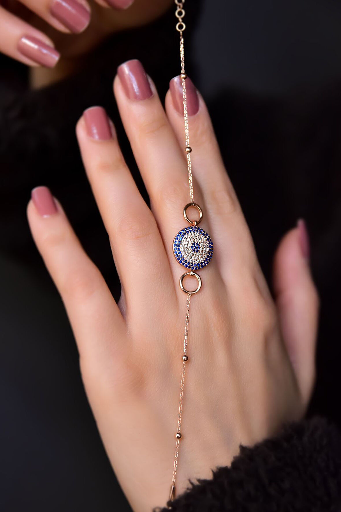 925 Ayar Gümüş Rose Kaplama Top Zincirli, Zirkon Taşlı Halkalı Nazar Bileklik