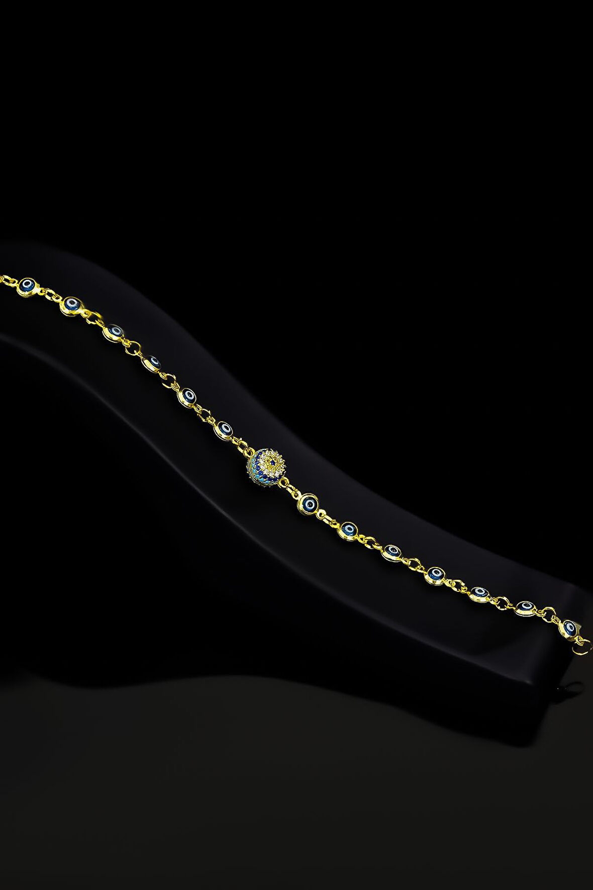 925 Ayar Gümüş Gold Kaplama Cam Göz Firuze Nazar Bileklik