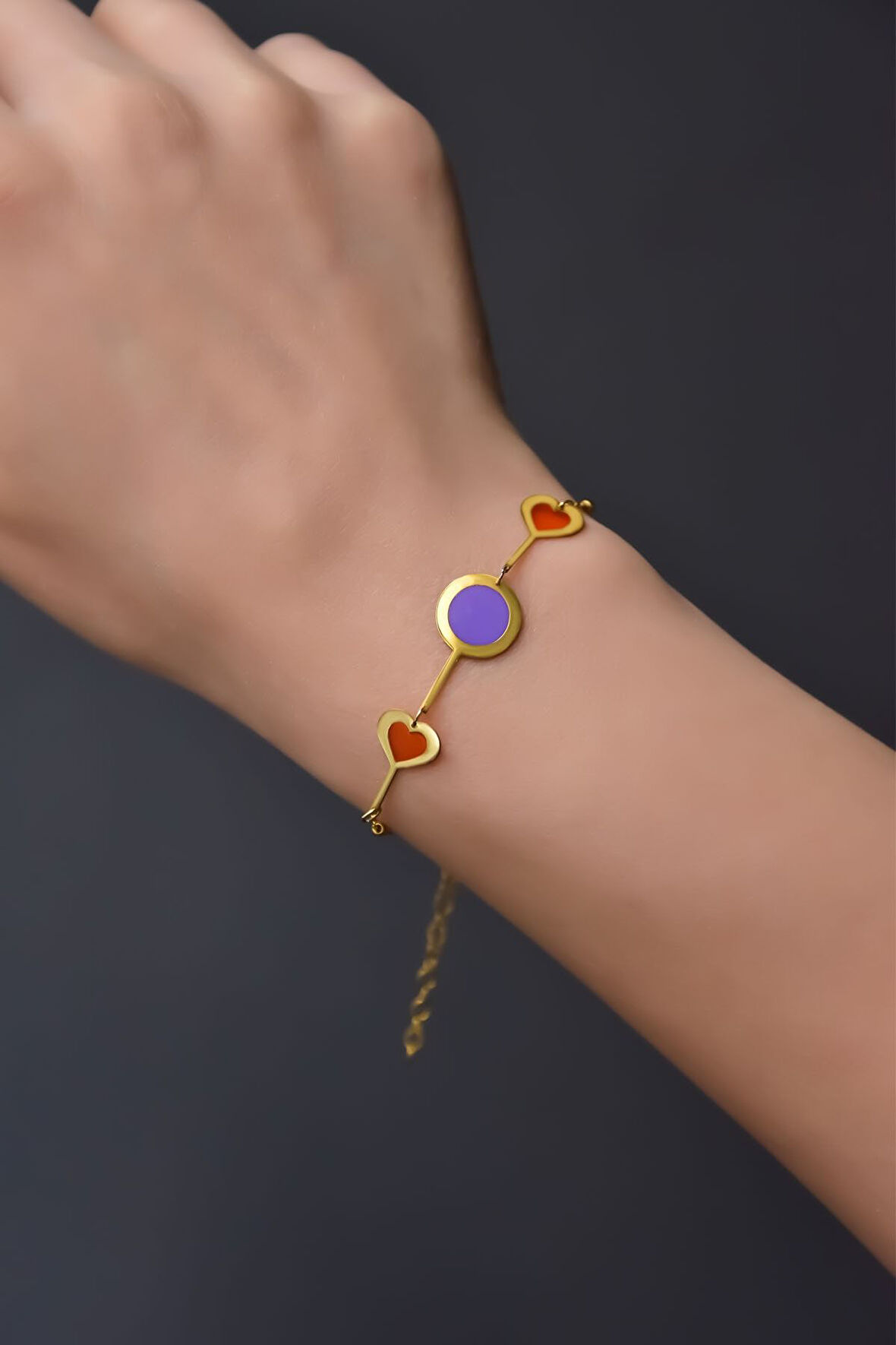 925 Ayar Gümüş Gold Kaplama Parlayan Rüya Serisi Yuvarlak, Kalp Tasarım Ebruli Cam Boyalı Bileklik