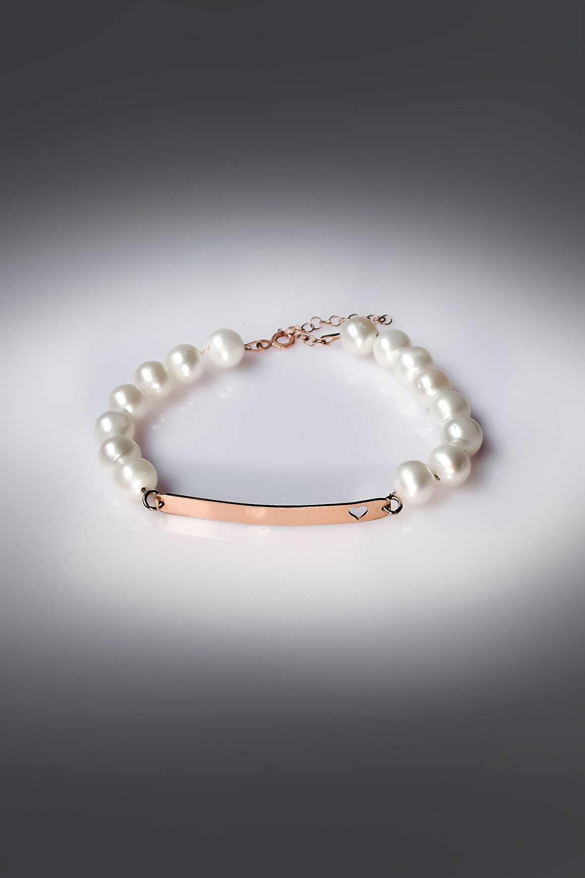 925 Ayar Gümüş Rose Kaplama Incili , Kalp Şekilli Plaka Bileklik