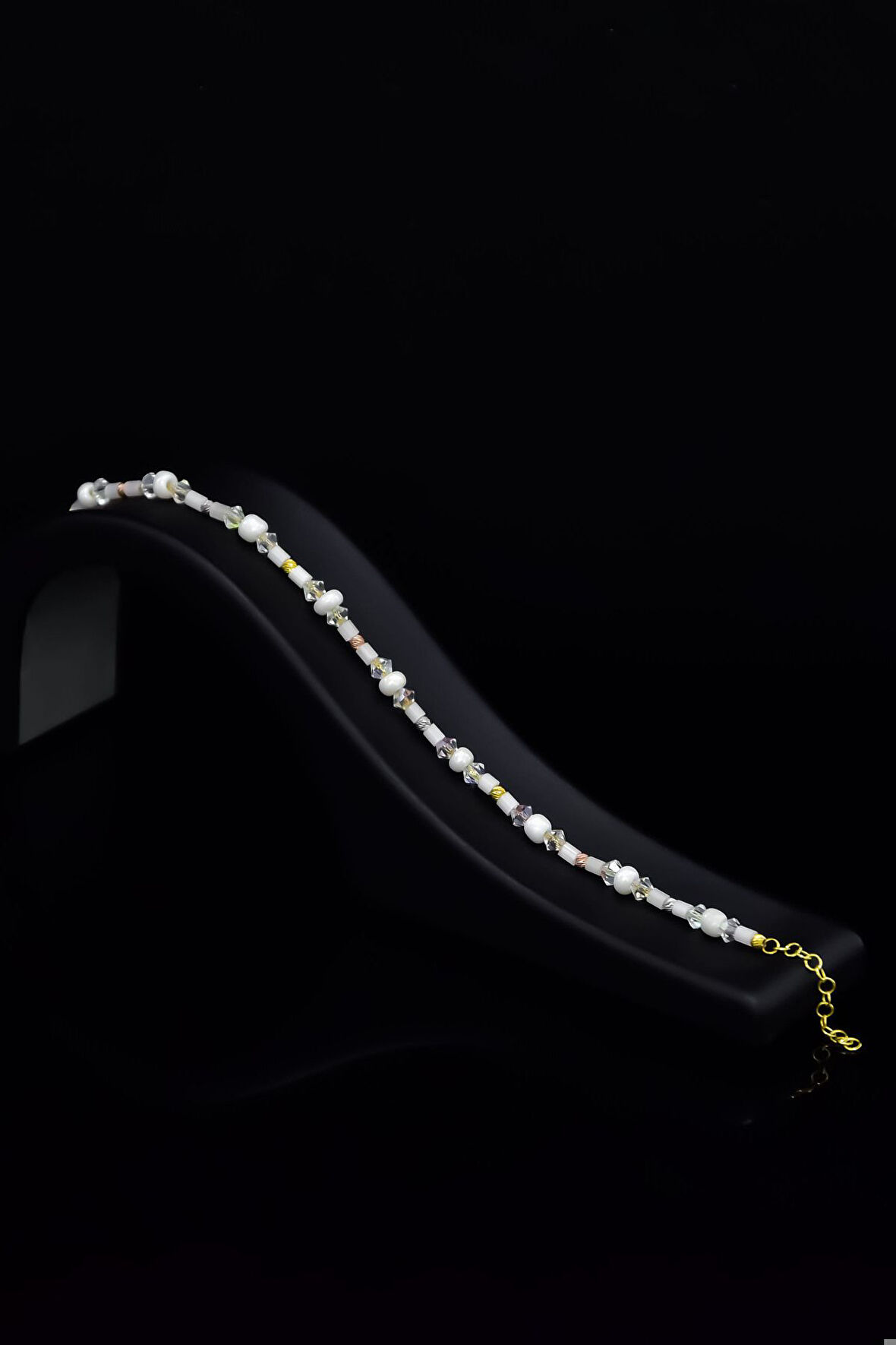 925 Ayar Gümüş Gold Kaplama Helezon Boncuklu, Şeffaf Beyaz Kristal Boncuk Bileklik