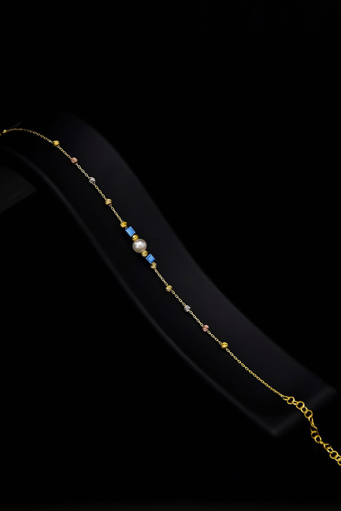 925 Ayar Gümüş Gold Kaplama Dorika Toplu , Lacivert Kare Taş Boncuklu Inci Bileklik