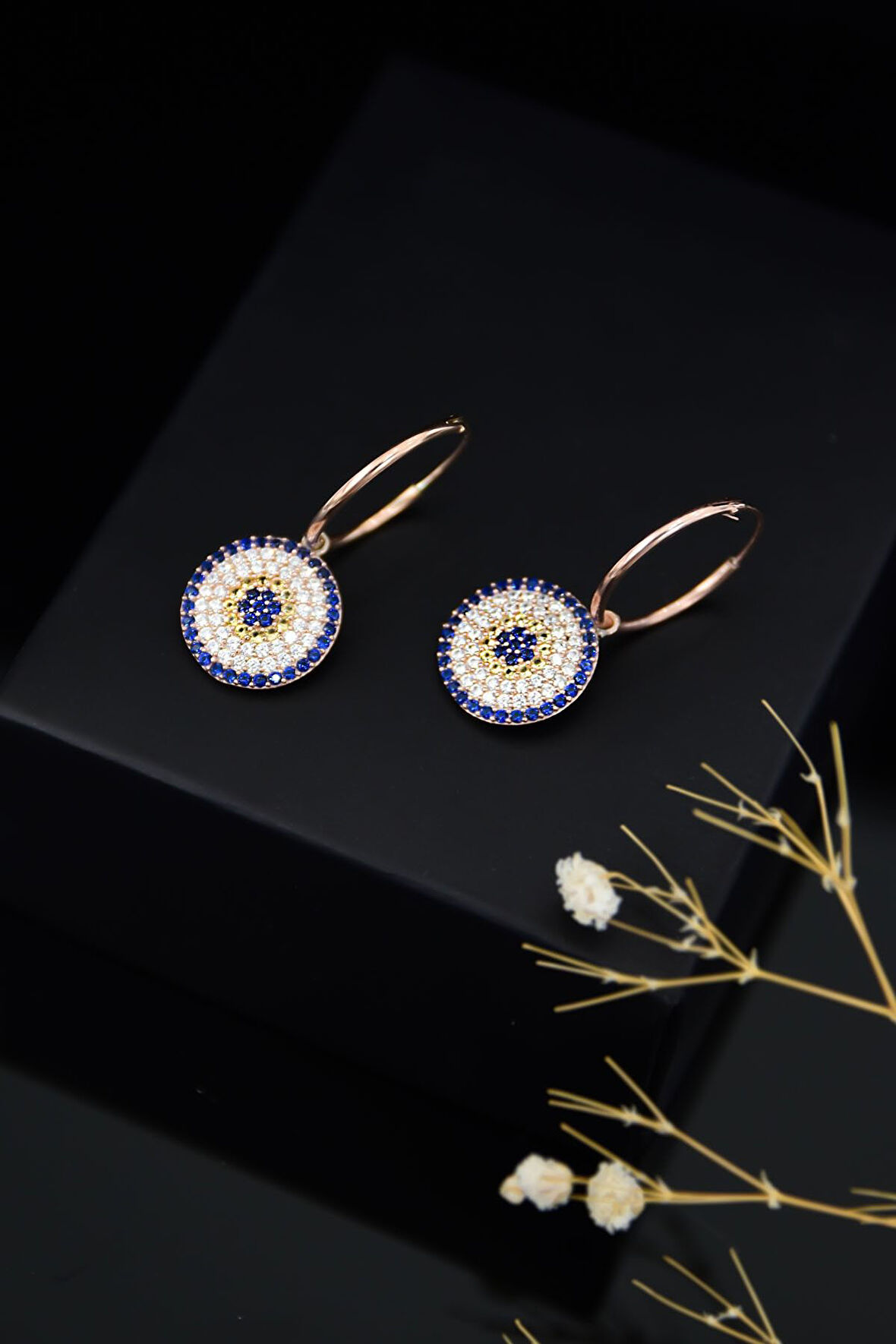 925 Ayar Gümüş Rose Kaplama Büyük Boy Nazar Halka Kadın Küpe Uvpts300018-1