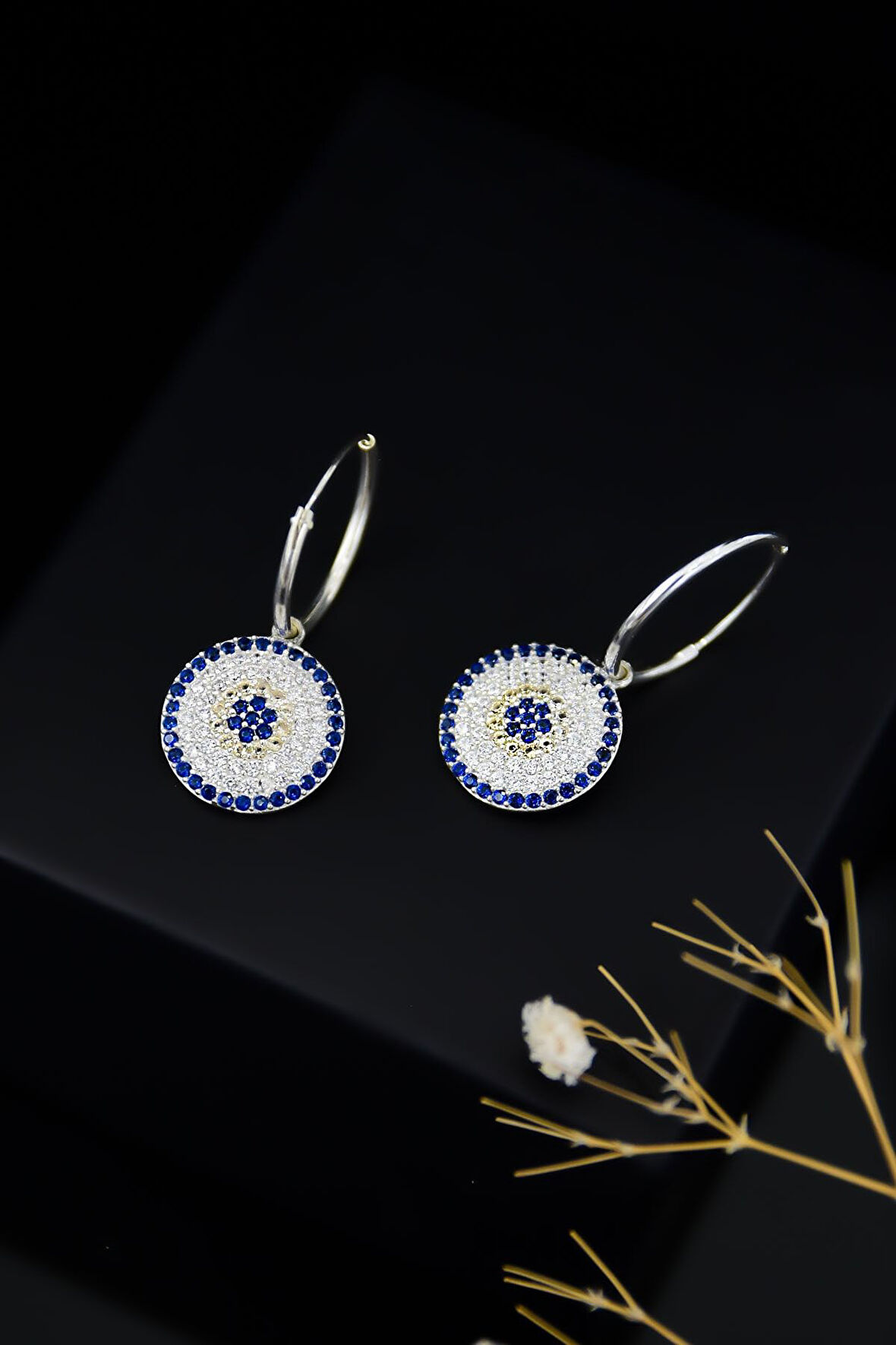 925 Ayar Gümüş Rodyum Kaplama Büyük Boy Nazar Halka Kadın Küpe Uvpts300018-2