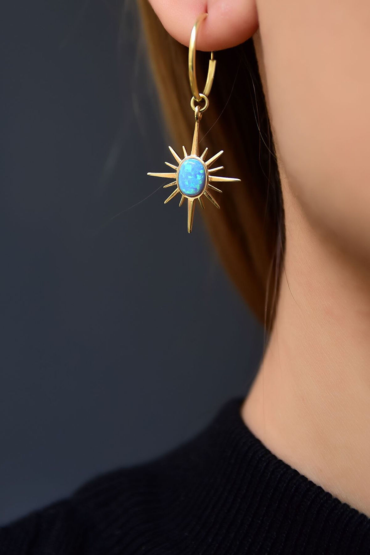 925 Ayar Gümüş Gold Kaplama Opal Taşlı Kutup Yıldızı Halka Küpe