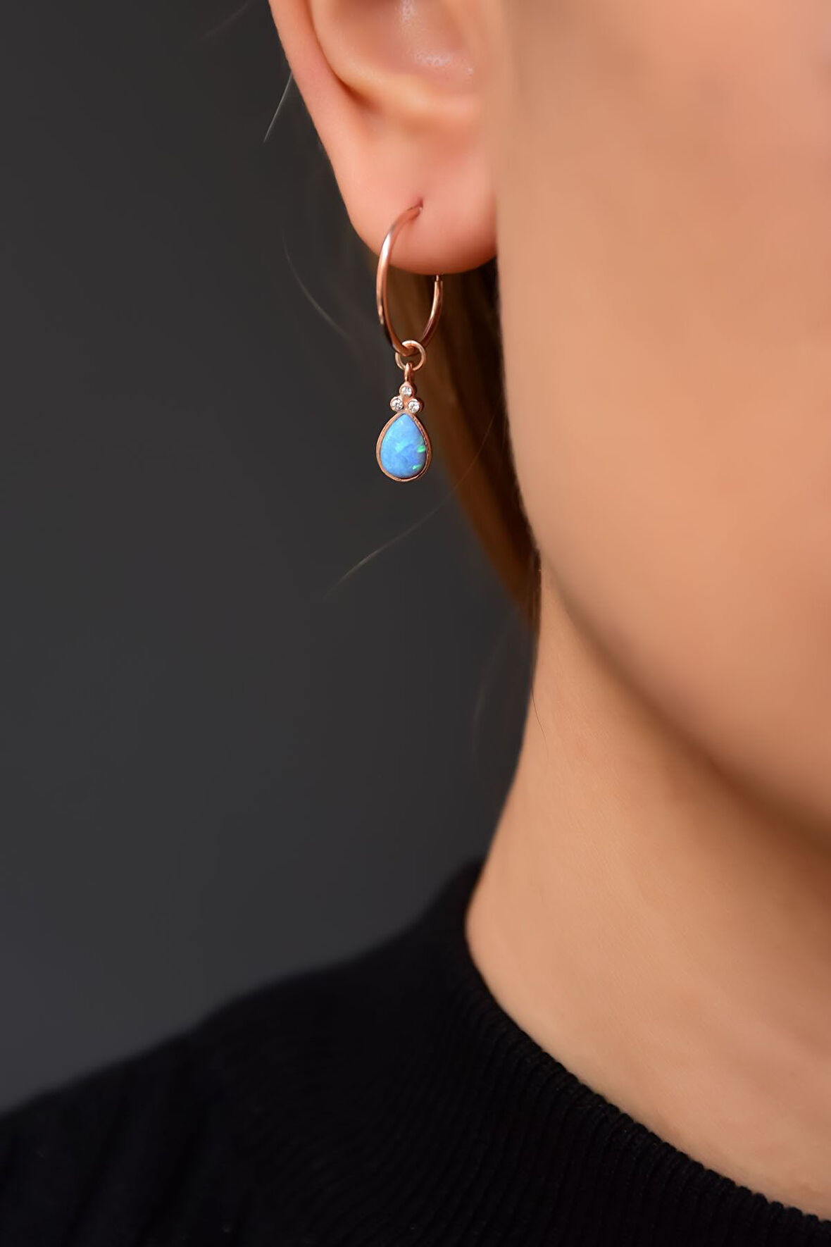 925 Ayar Gümüş Rose Kaplama Opal Taşlı Damla Halka Küpe