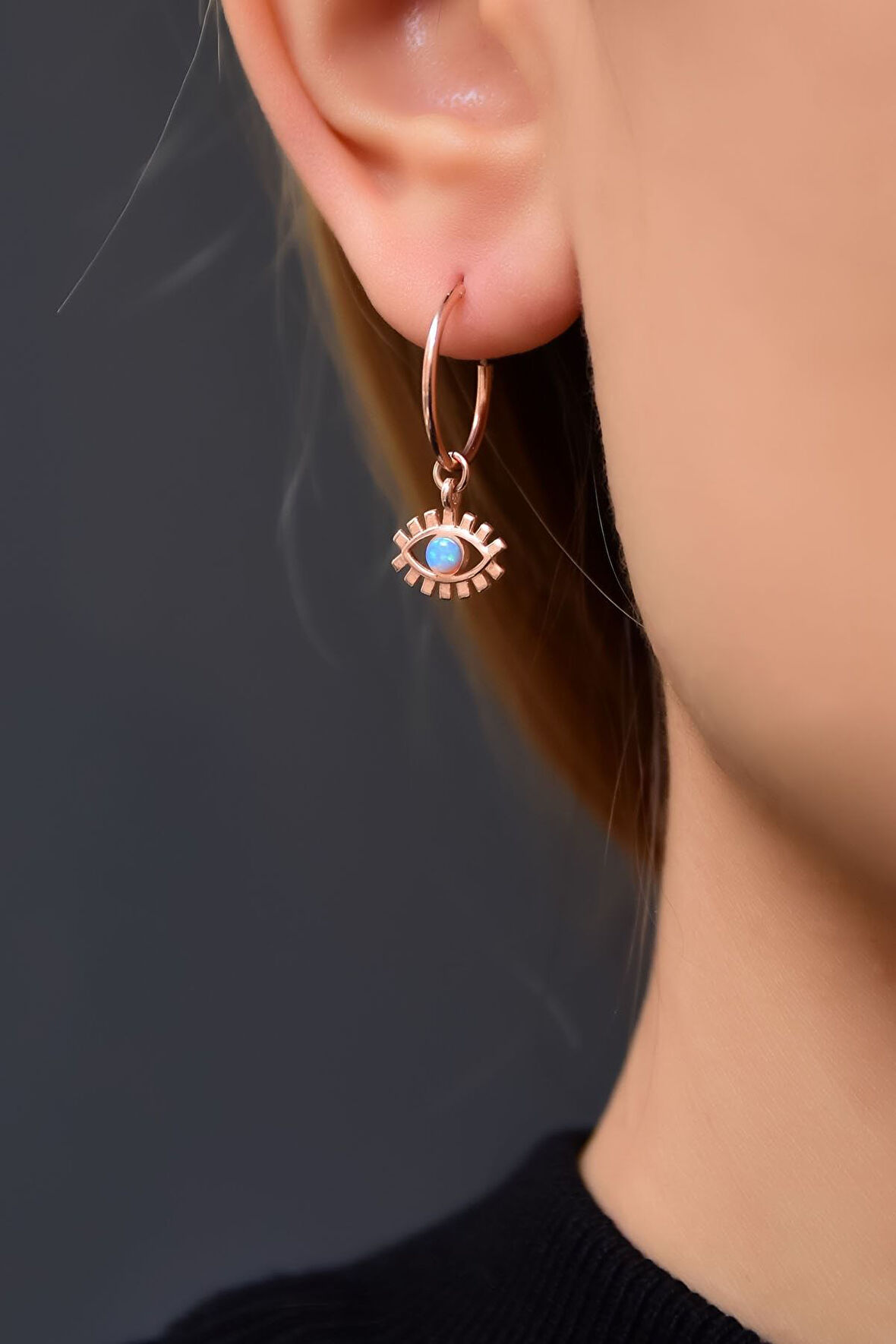 925 Ayar Gümüş Rose Kaplama Opal Taşlı Kirpik Halka Kadın Küpe