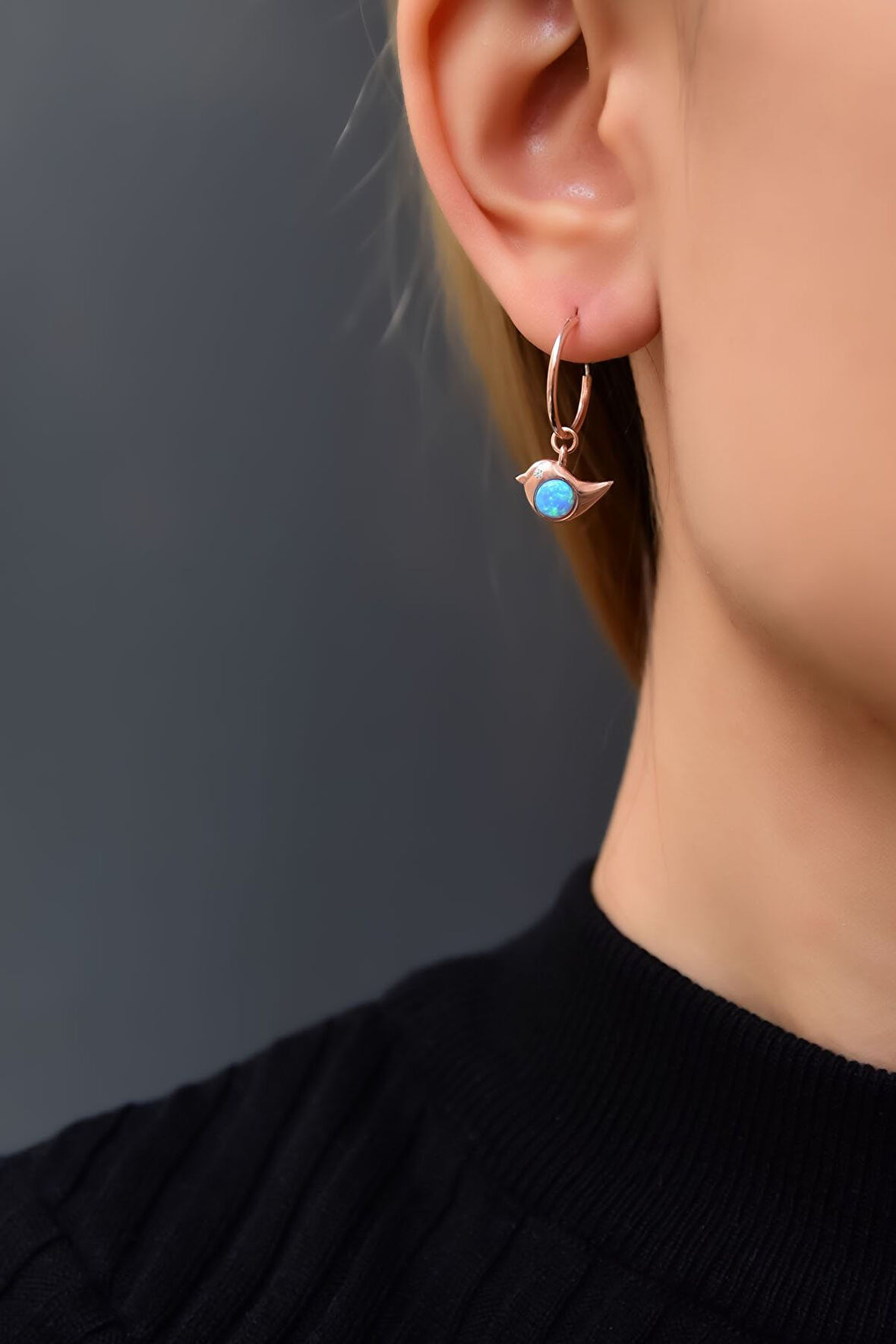 925 Ayar Gümüş Rose Kaplama Opal Taşlı Kuş Halka Kadın Küpe