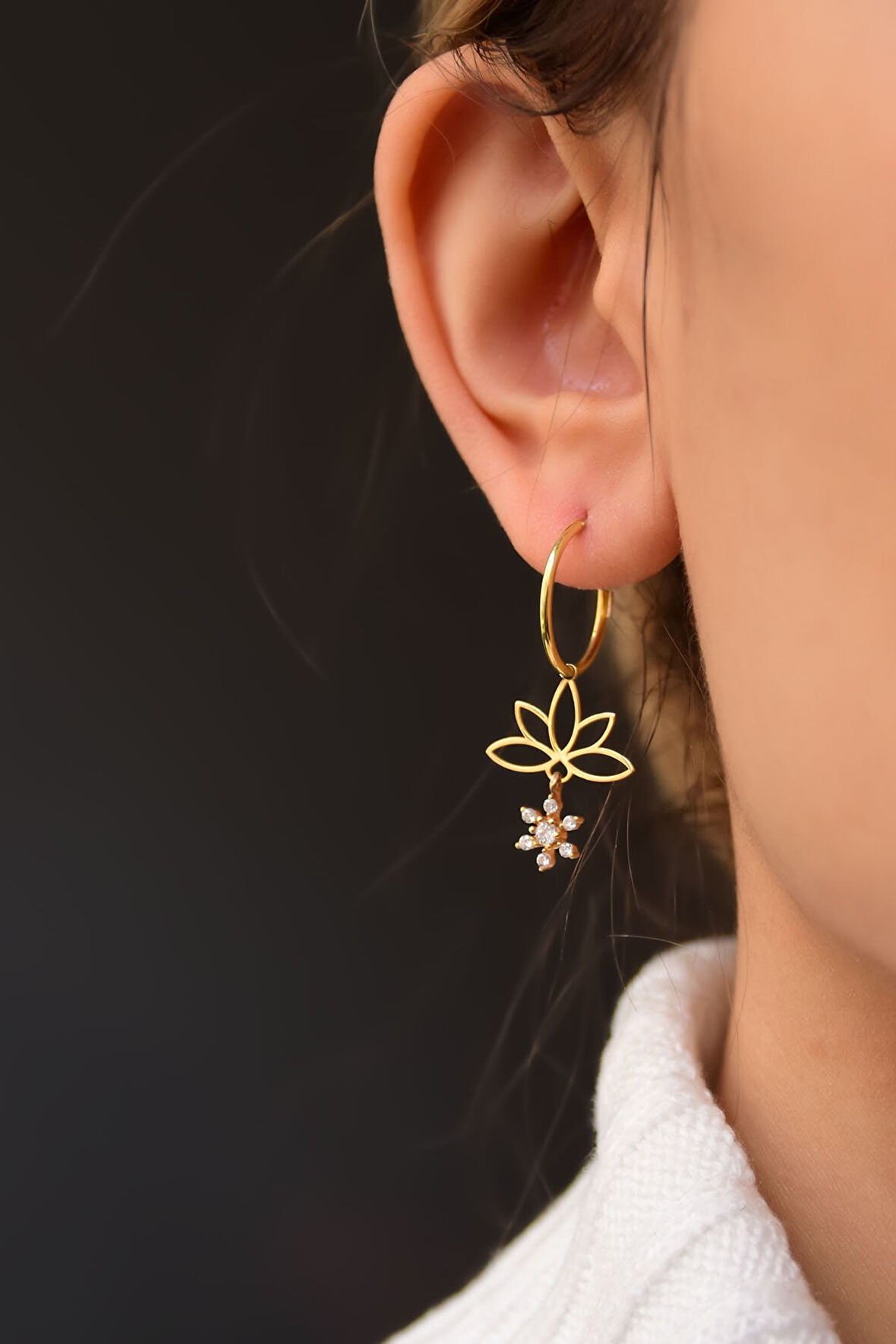 925 Ayar Gümüş Gold Kaplama Kar Tanesi Lotus Halka Küpe
