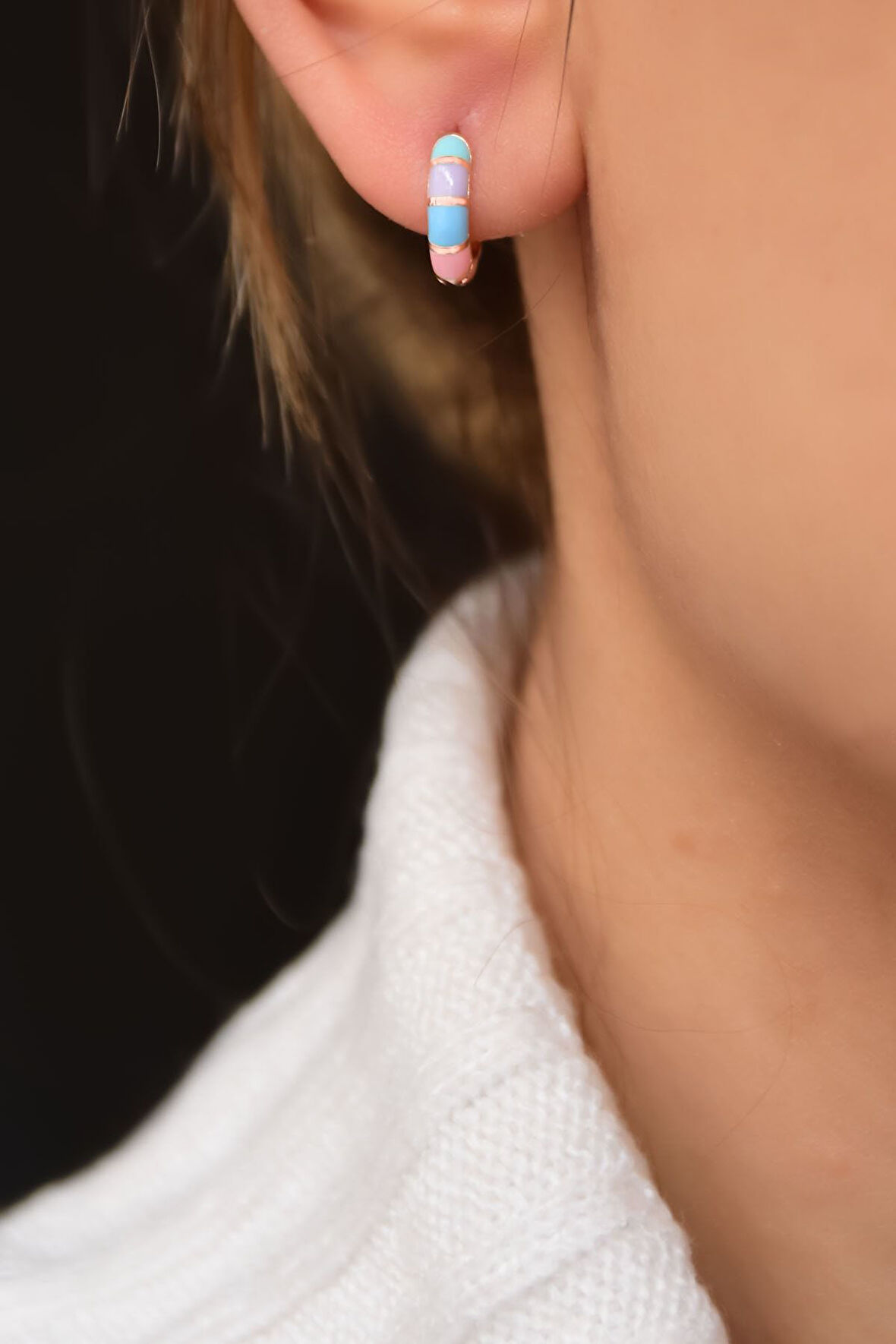 925 Ayar Gümüş Rose Kaplama Renkli Mineli Halka Küpe