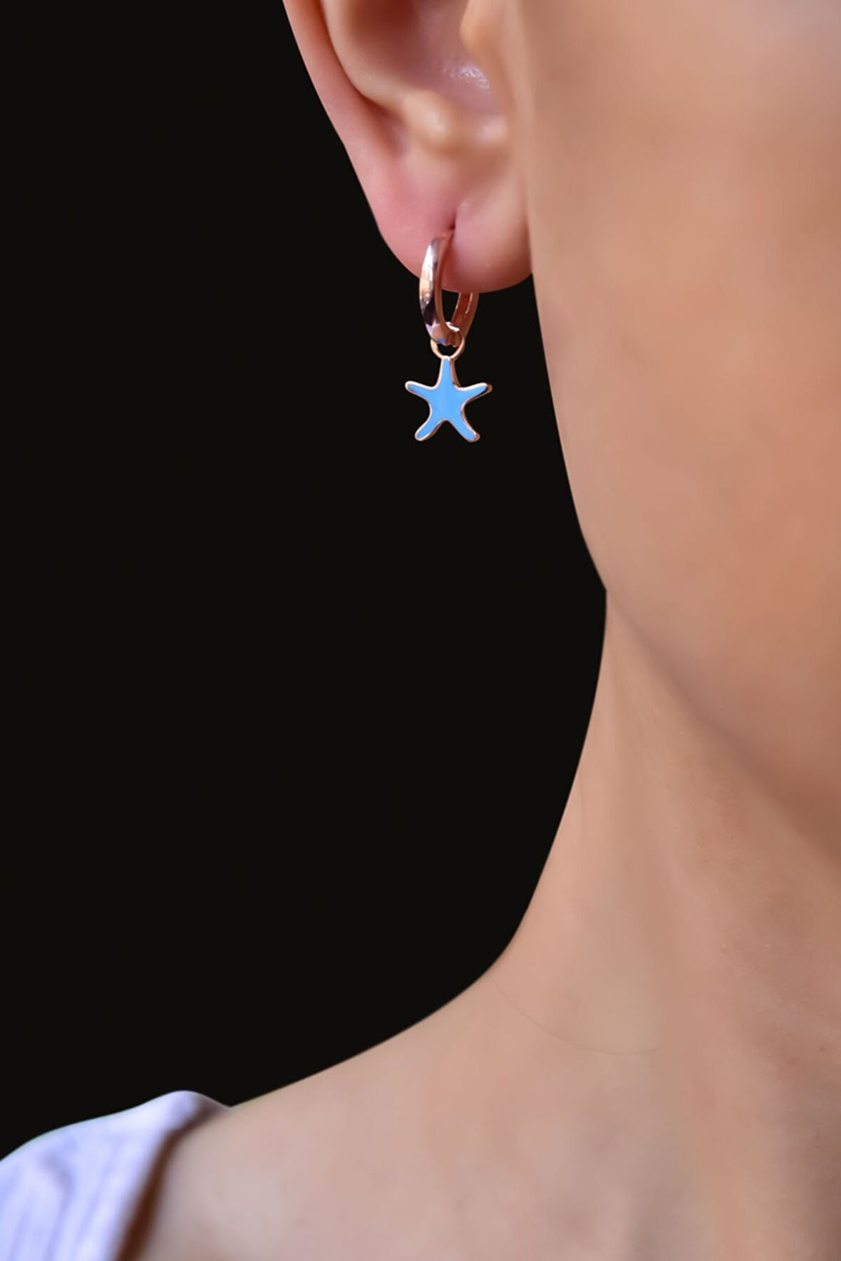 925 Ayar Gümüş Rose Kaplama Mavi Mineli Yıldız Halka Küpe