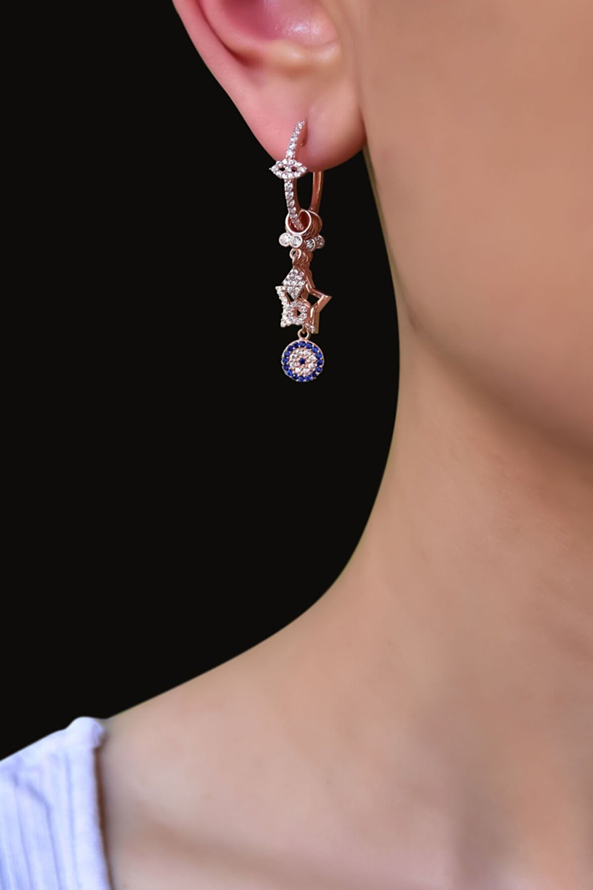 925 Ayar Gümüş Rose Kaplama Tasarım Tekli Şans Küpe