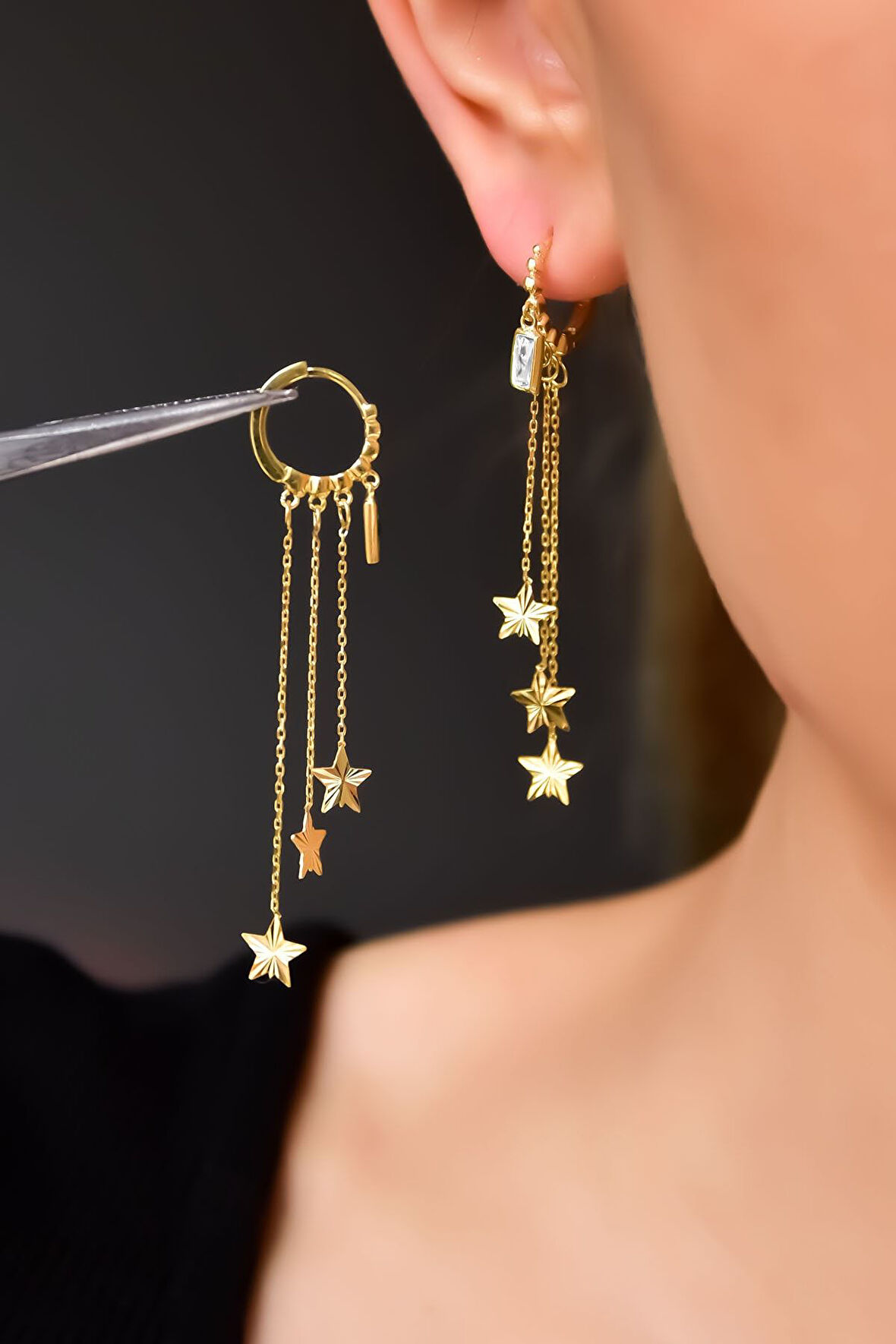 925 Ayar Gümüş Gold Kaplama Üçlü Zincir Yıldız Beyaz Baget Taşlı Halka Küpe