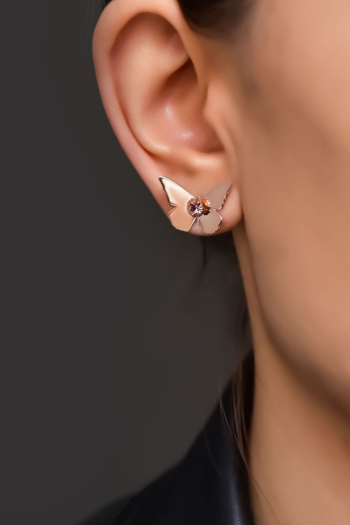 925 Ayar Gümüş Rose Kaplama Haziran Ayı Doğum Taşlı Kelebek Küpe