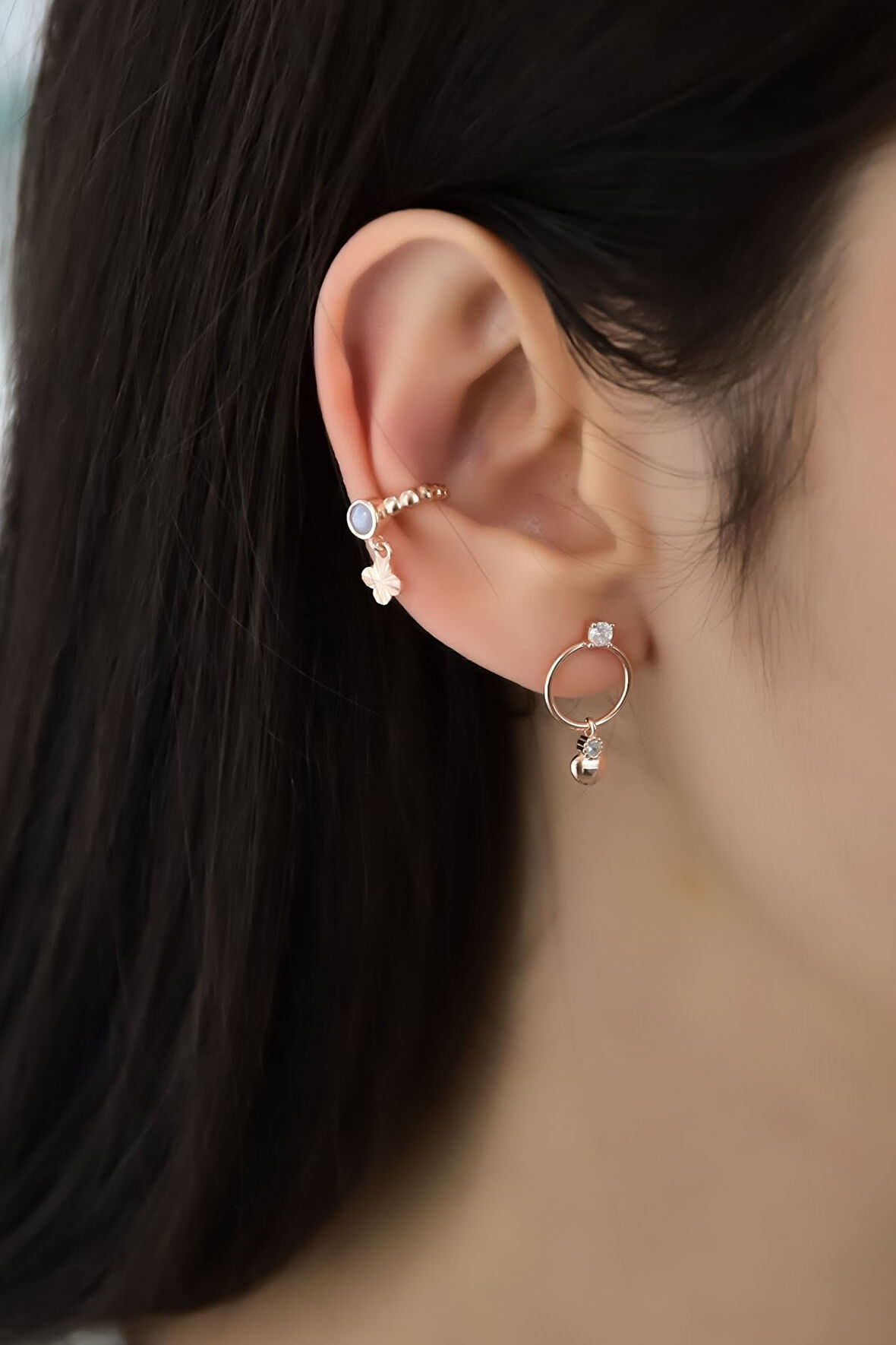 925 Ayar Gümüş Ay Taşlı Yonca Figürlü Kıkırdak Küpe Ve Zirkon Taşlı Kalp Halka Kombin Küpe