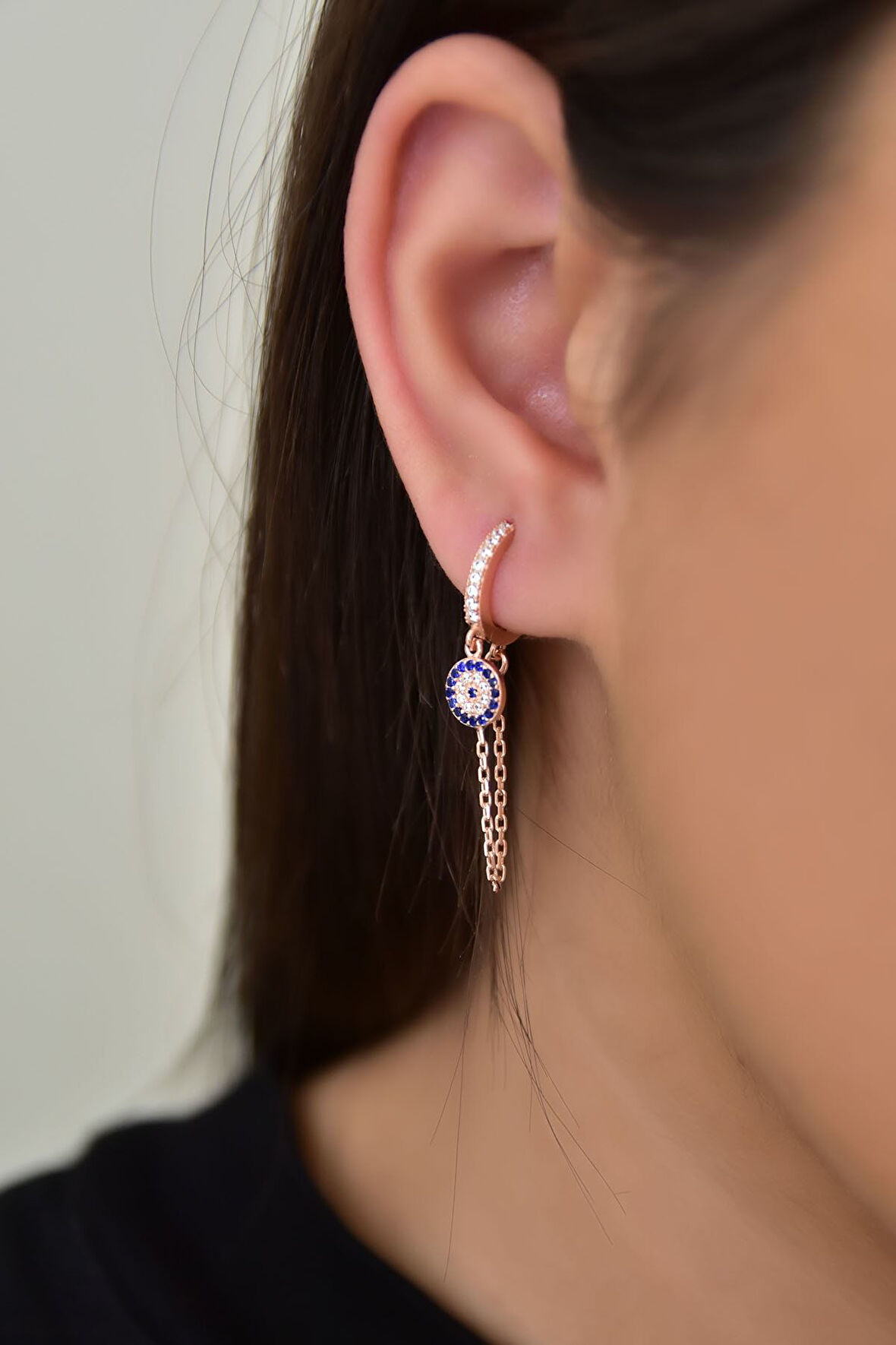 925 Ayar Gümüş Rose Kaplama Tasarım Zincir Sallantılı Nazar Halka Küpe