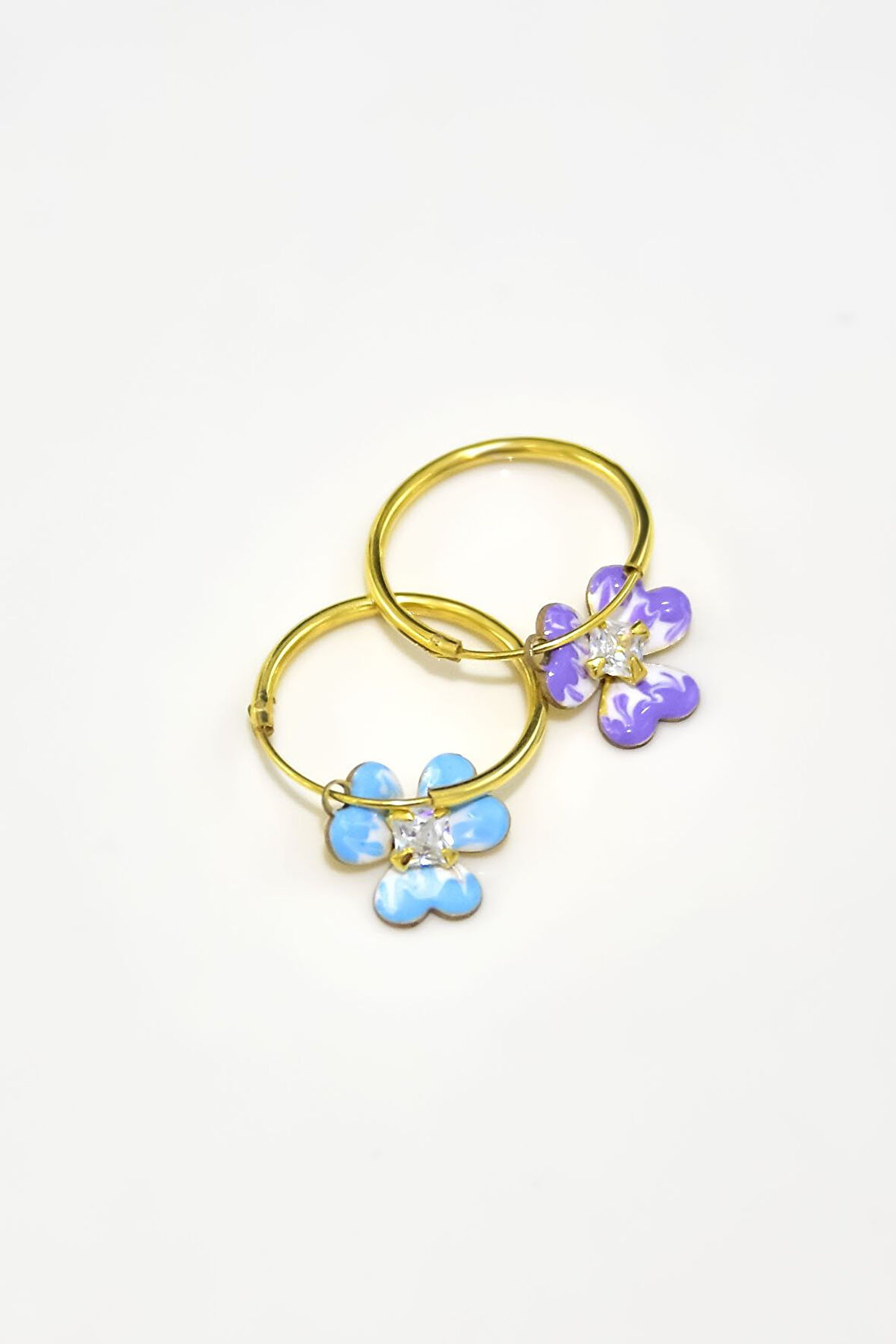 925 Ayar Gümüş Gold Kaplama Zirkon Taşlı Sen Ve Ben Lila- Mavi Mineli Frezya Çiçeği Halka Küpe