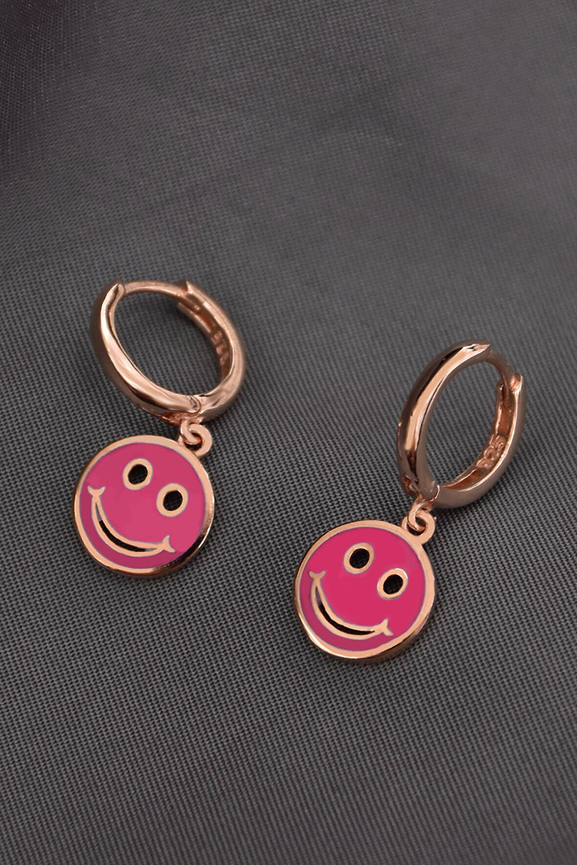 925 Ayar Gümüş Rose Kaplama Pembe Mineli Smile Halka Küpe