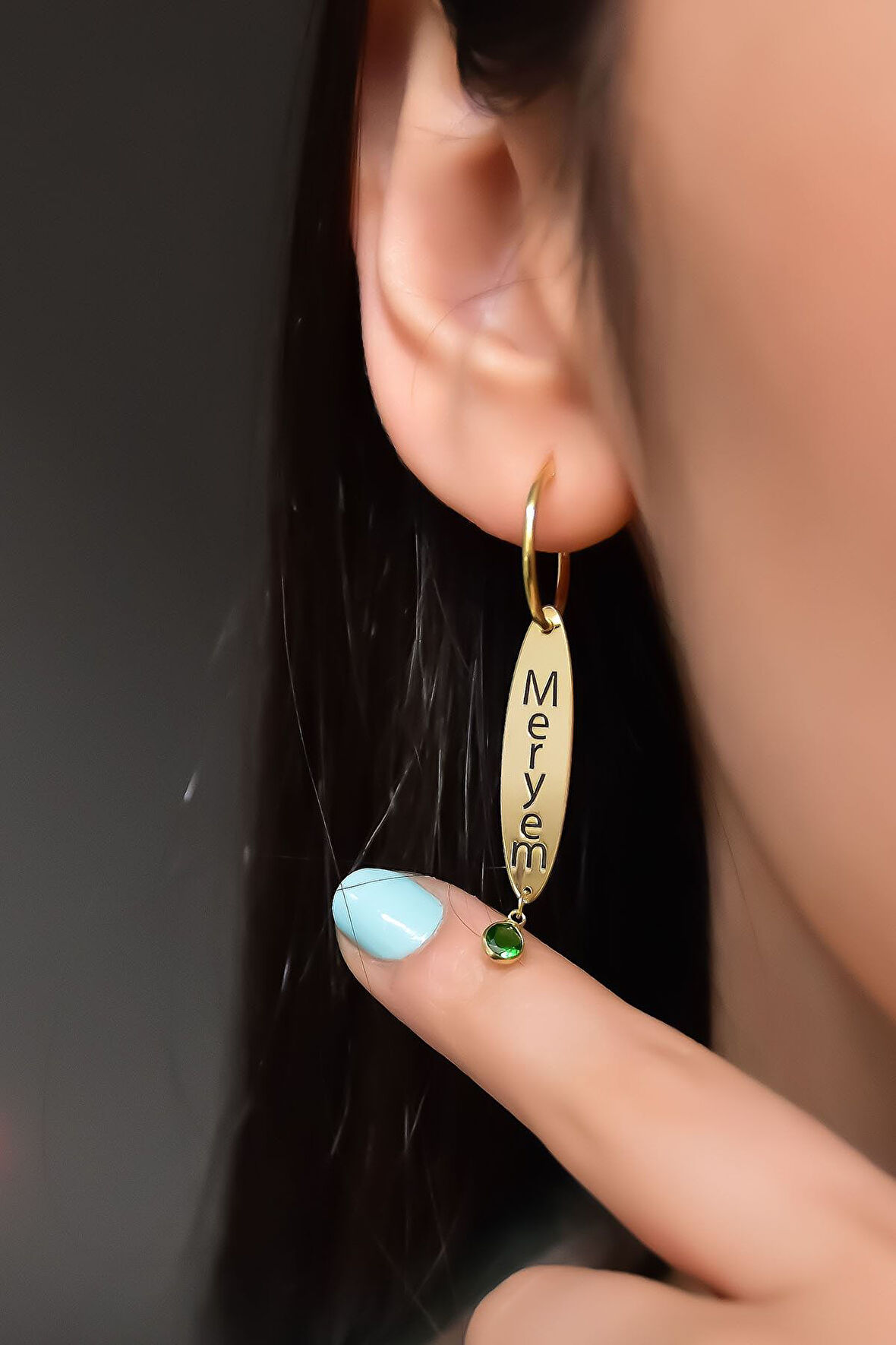 925 Ayar Gümüş Gold Kaplama Doğum Taşlı Oval Plaka Isimli Halka Küpe