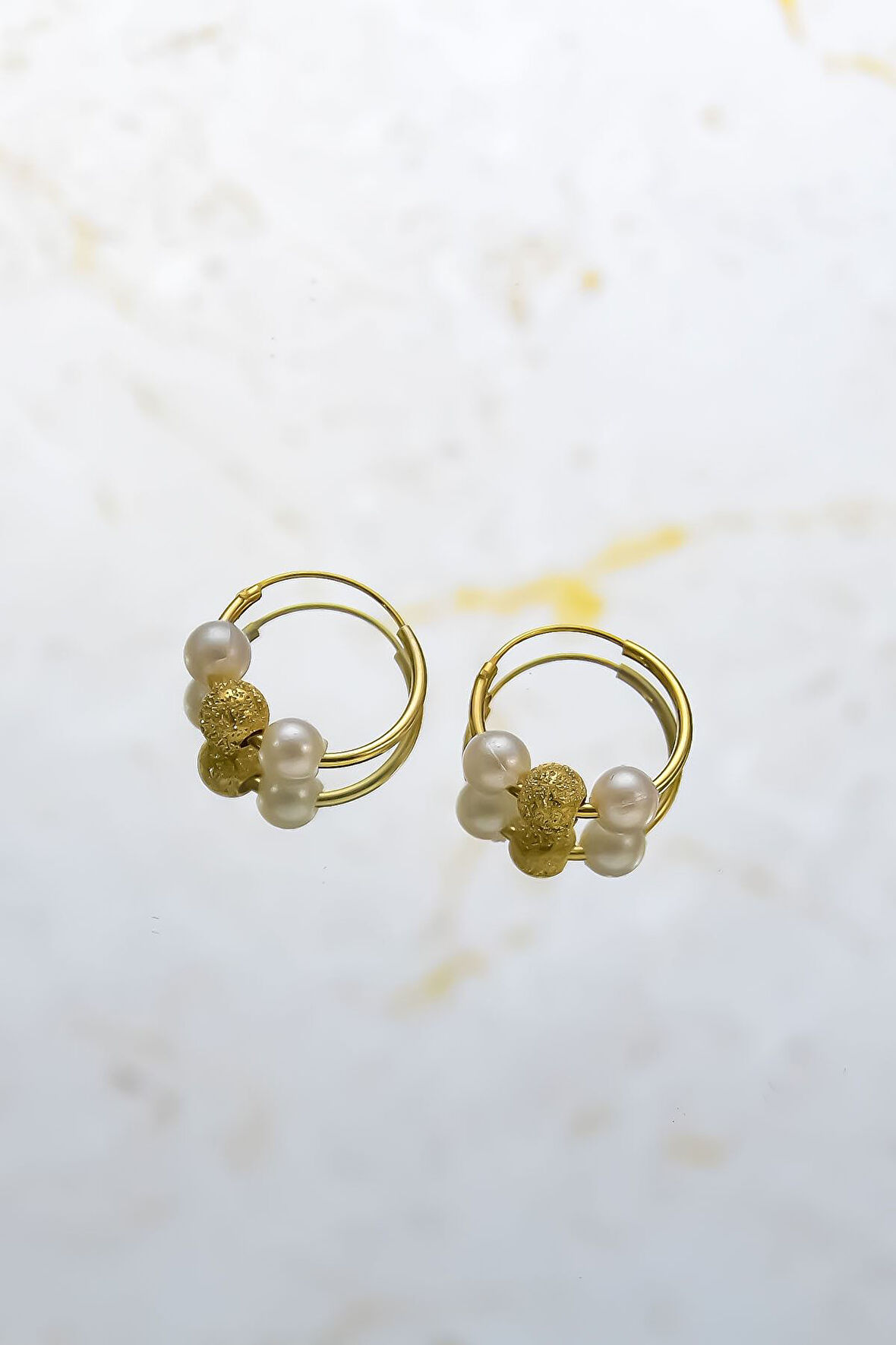 925 Ayar Gümüş Gold Kaplama Incili Sim Top Halka Küpe