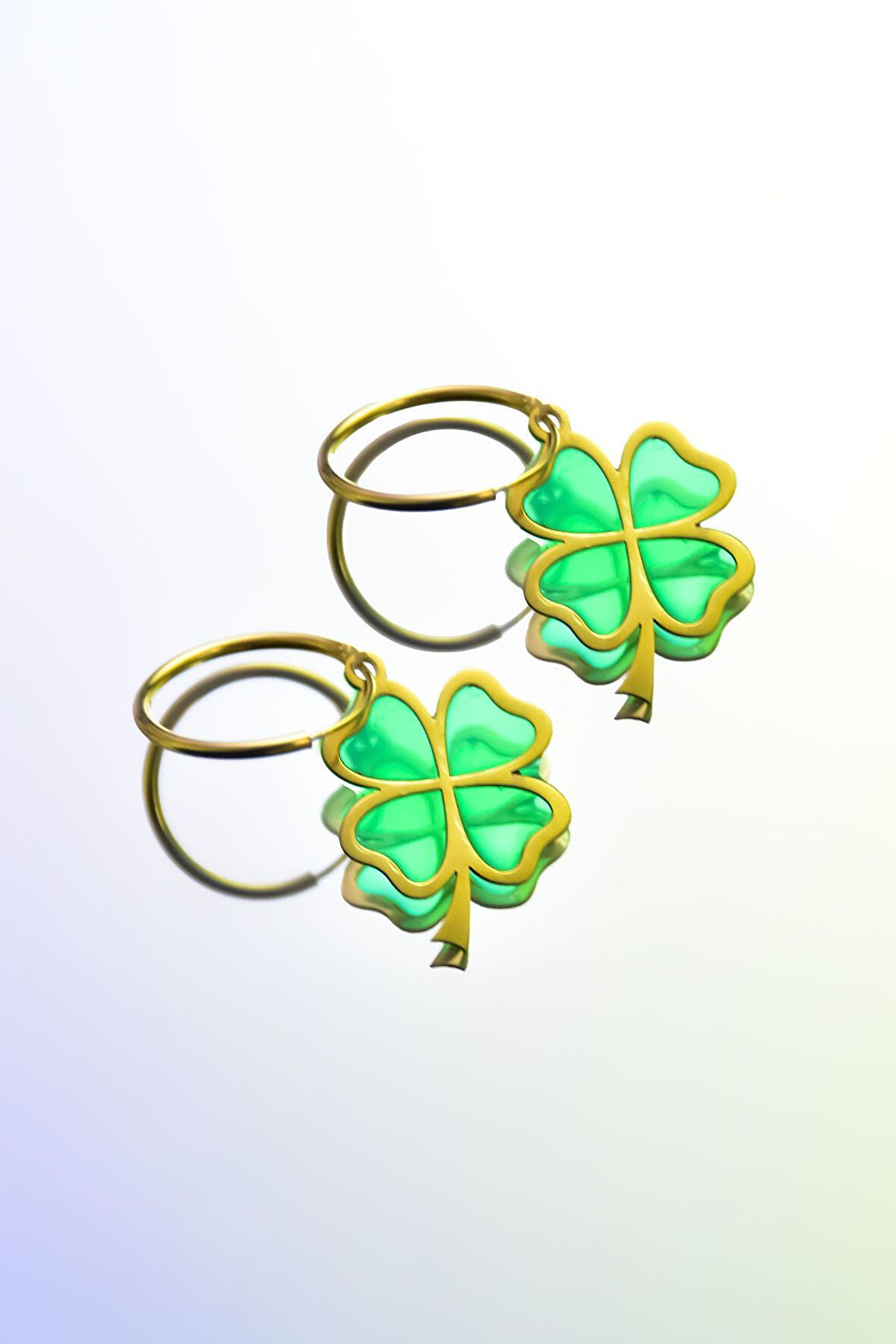 925 Ayar Gümüş Gold Kaplama Parlayan Rüya Serisi Tasarım Renkli Ebruli Cam Yonca Küpe