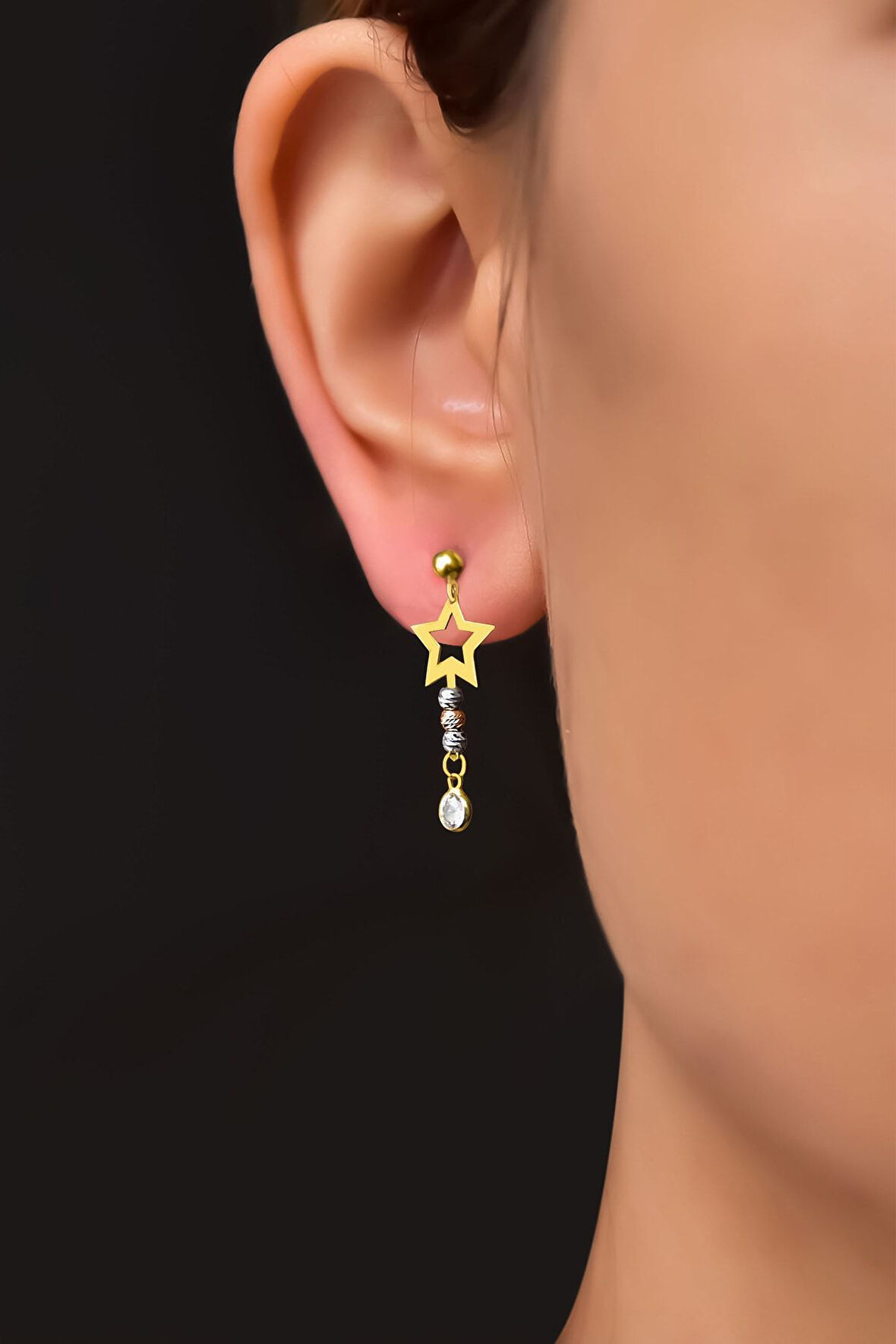 925 Ayar Gümüş Üç Renk Dorika Toplu, Zirkon Taş Sallantılı Yıldız Çivili Küpe