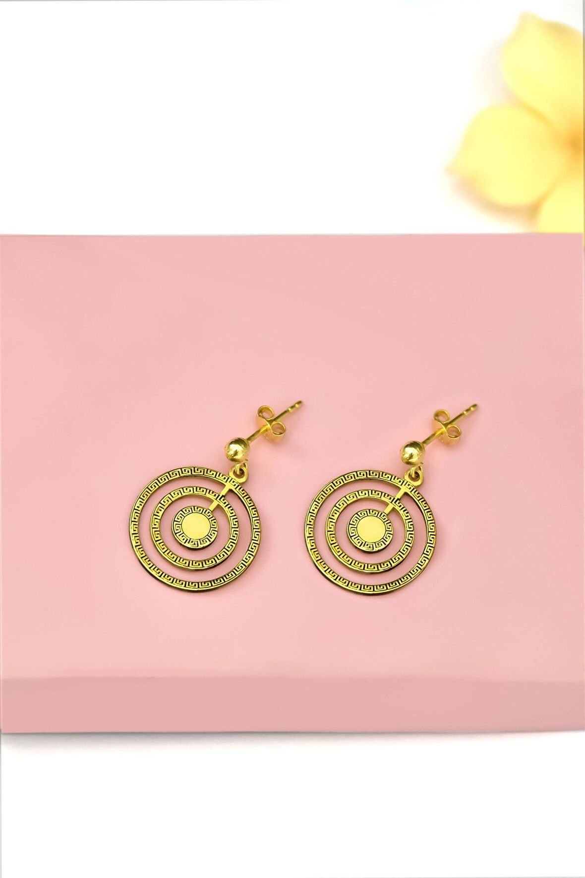 925 Ayar Gümüş Gold Kaplama Greek Desenli İç İçe Daire Top Küpe