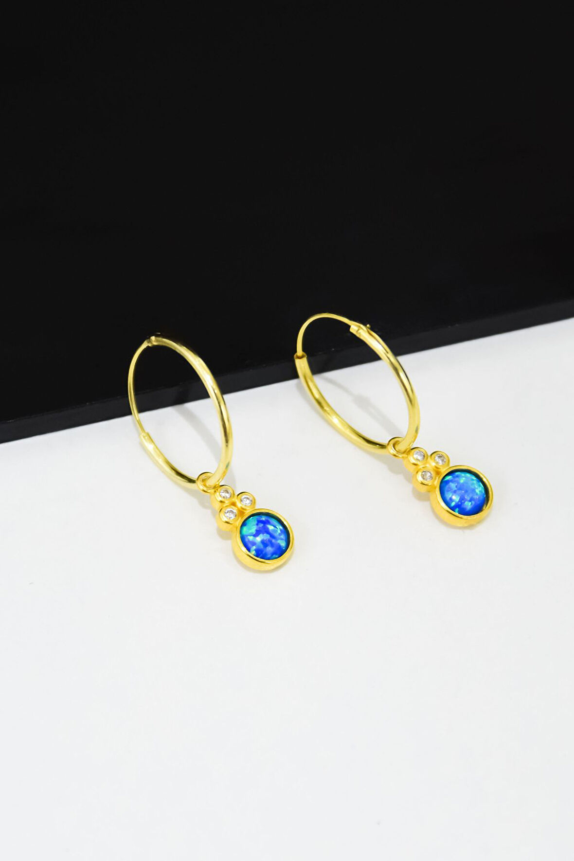 925 Ayar Gümüş Gold Kaplama Mavi Opal Yuvarlak Halka Küpe