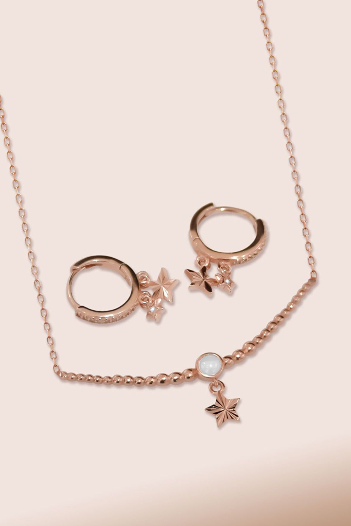 925 Ayar Gümüş Rose Kaplama Top Motifli Beyaz Ay Taşı Yıldız Kolye Ve Küpe Set