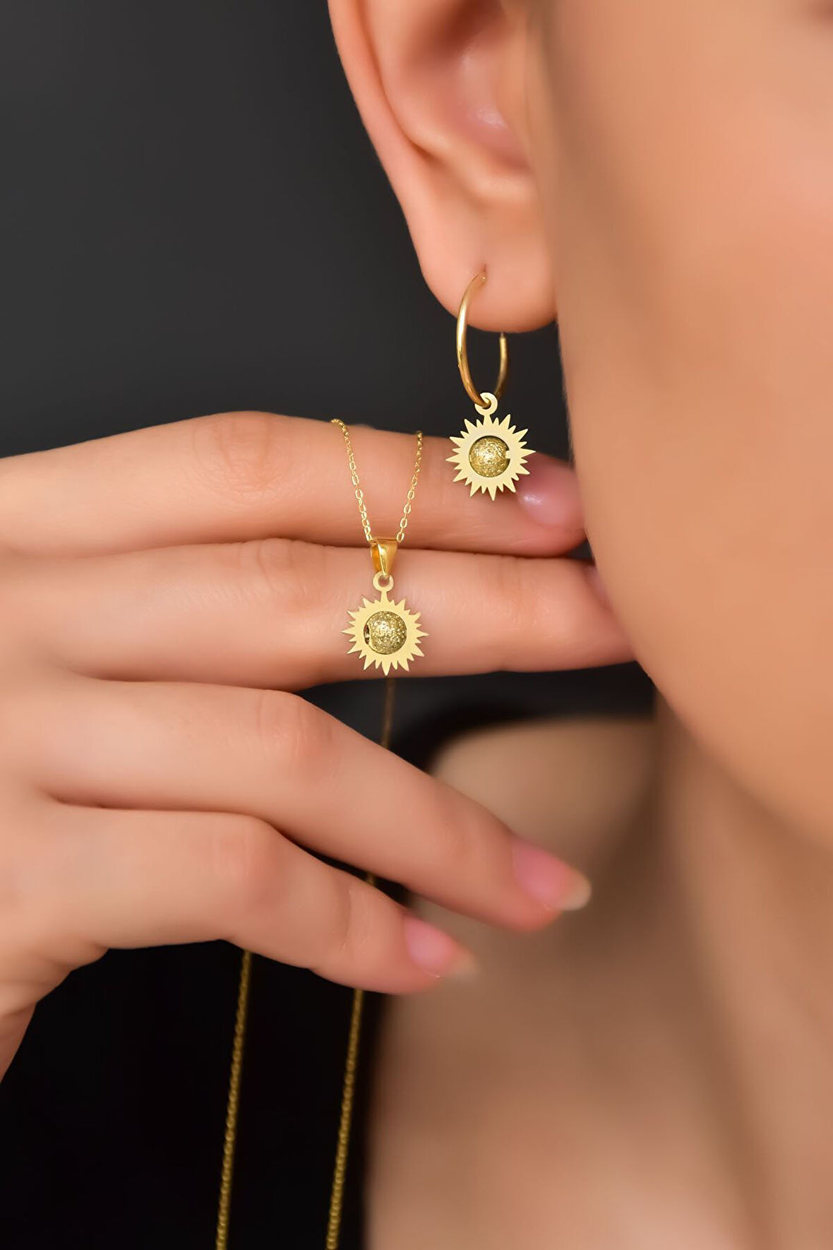 925 Ayar Gümüş Gold Kaplama Sim Toplu Kesim Güneş Kolye Ve Küpe Set