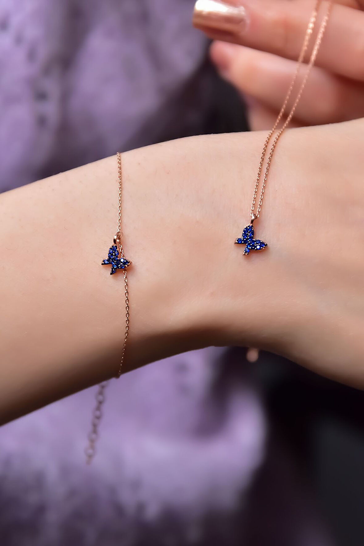 925 Ayar Gümüş Rose Kaplama Lacivert Zirkon Taşlı Mini Kelebek Kolye Ve Bileklik Set