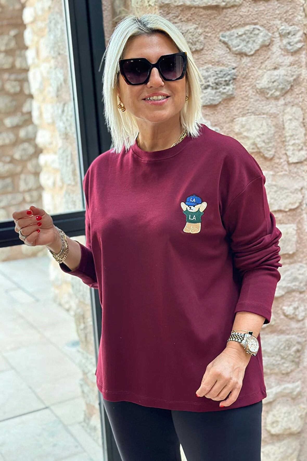 Bordo Teddy Nakışlı Uzun Kol Penye Tshirt