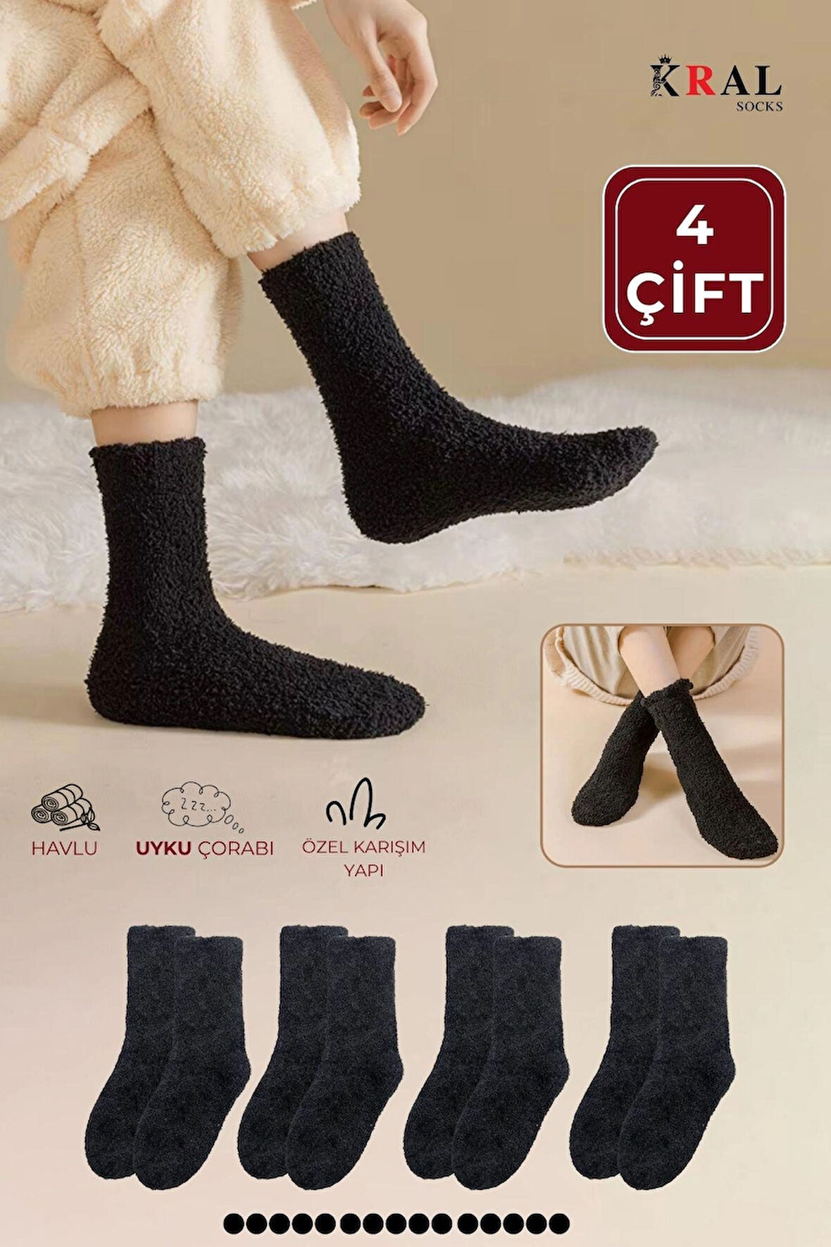 Kadın Peluş Uyku (4 Çift) Soft Doku Isı Emici Kışlık Soket Havlu Çorap