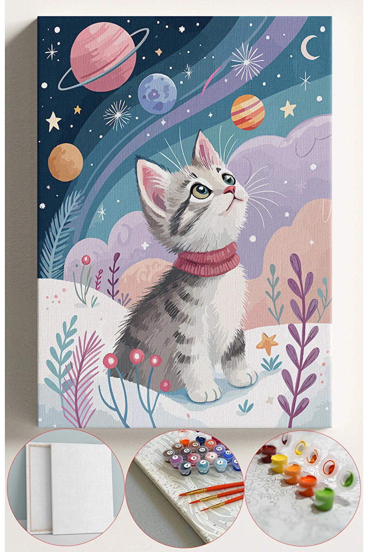 Sayılarla Boyama Seti Numaralı Tuval Fırça Boya 40x50 Cm - UZAY VE KEDİ