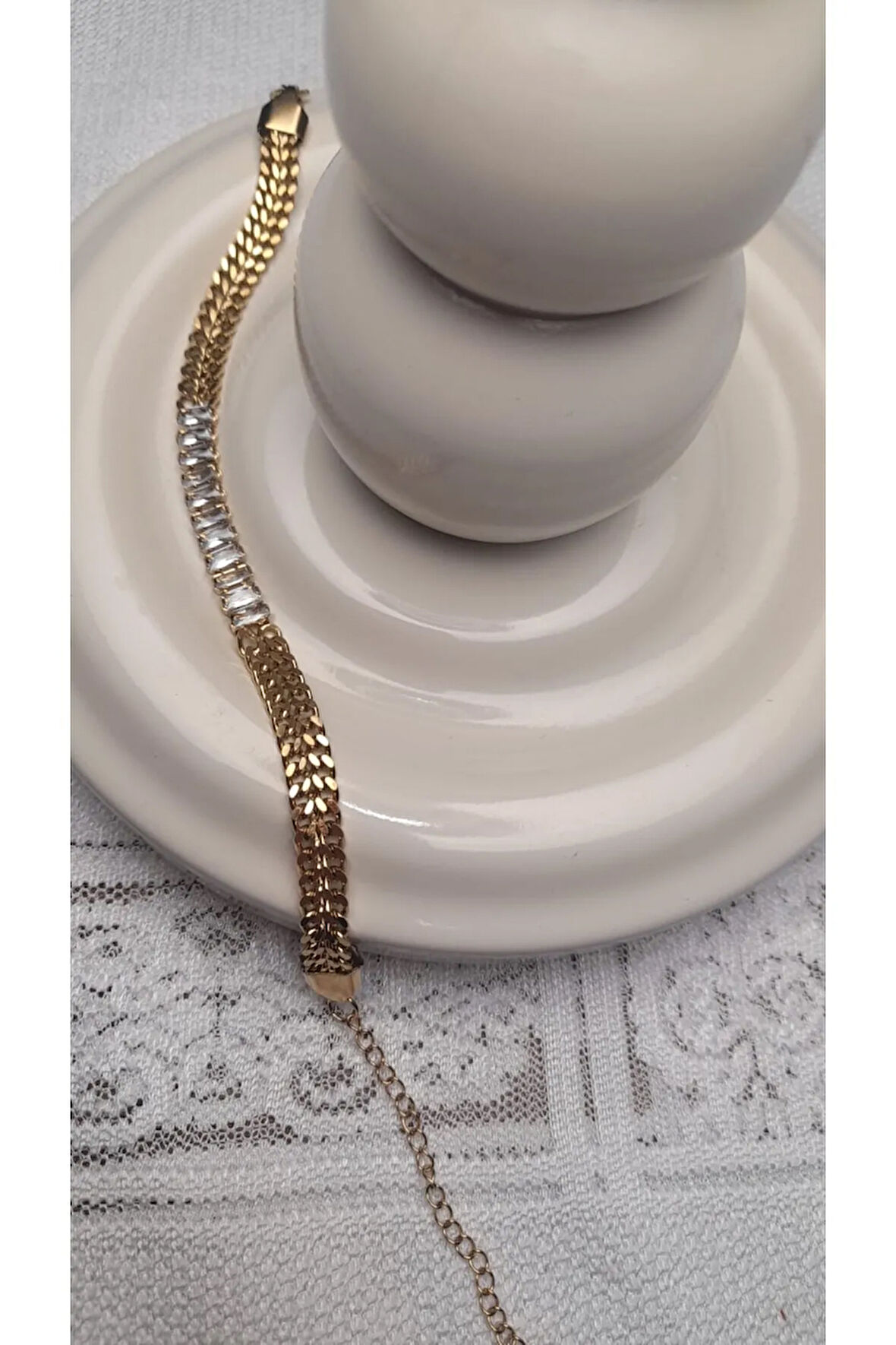 Çelik Bileklik Gold Altın Renk Çok Taşlı Kalın Zincir Detaylı Çelik Bileklik