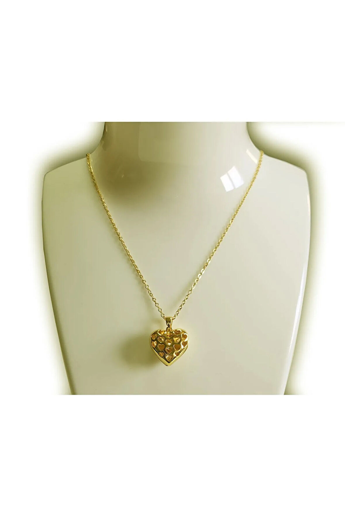 Çelik Kolye Sarı Gold Açılır Kapanır Kalp Kolye, Taşlı Kalp Kolye